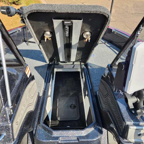 2024 Nitro ZV20 Pro boat storage compartment open, showcasing interior space.