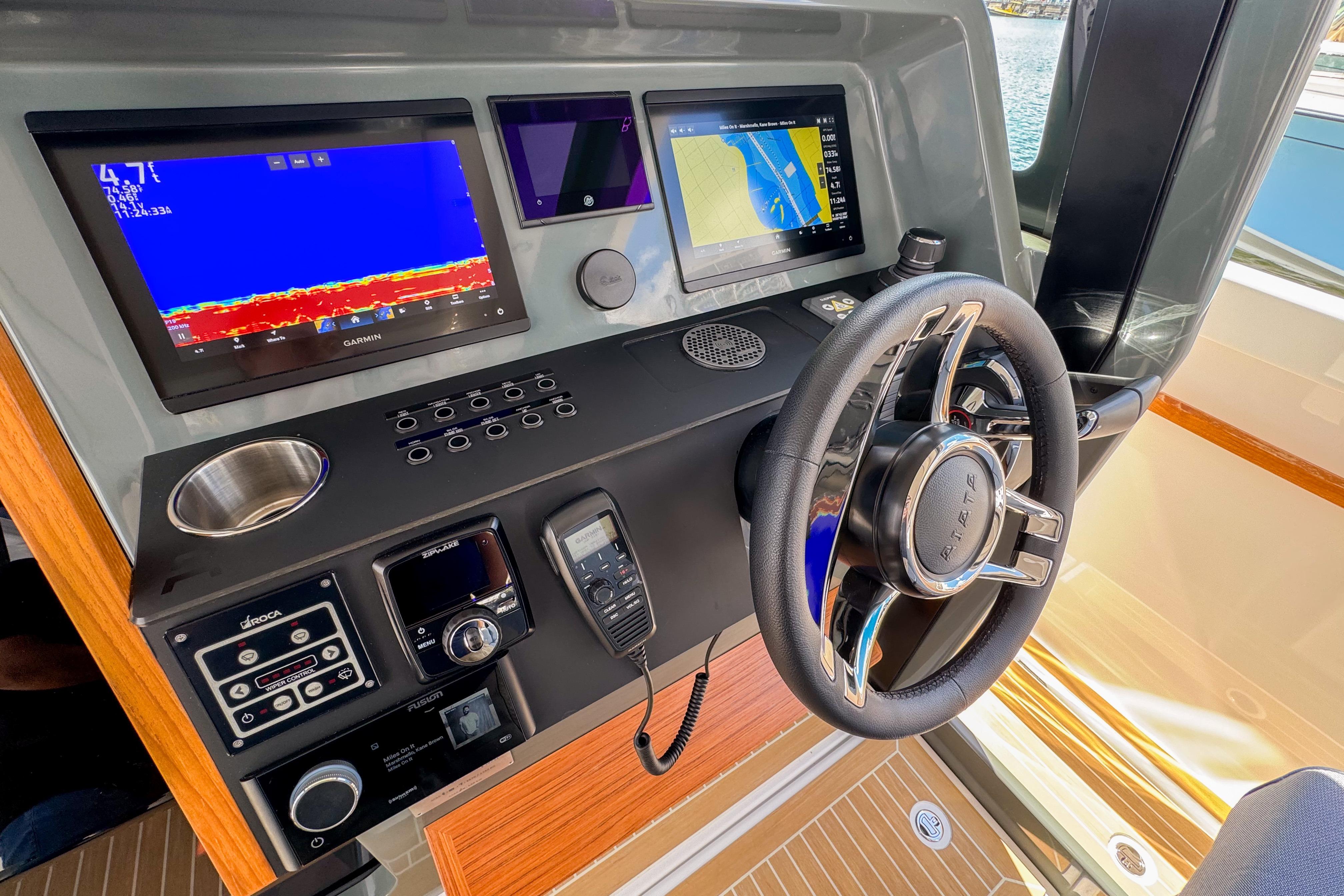 Cockpit of 2025 Aiata Wayfinder 38 Cabin with advanced navigation displays.