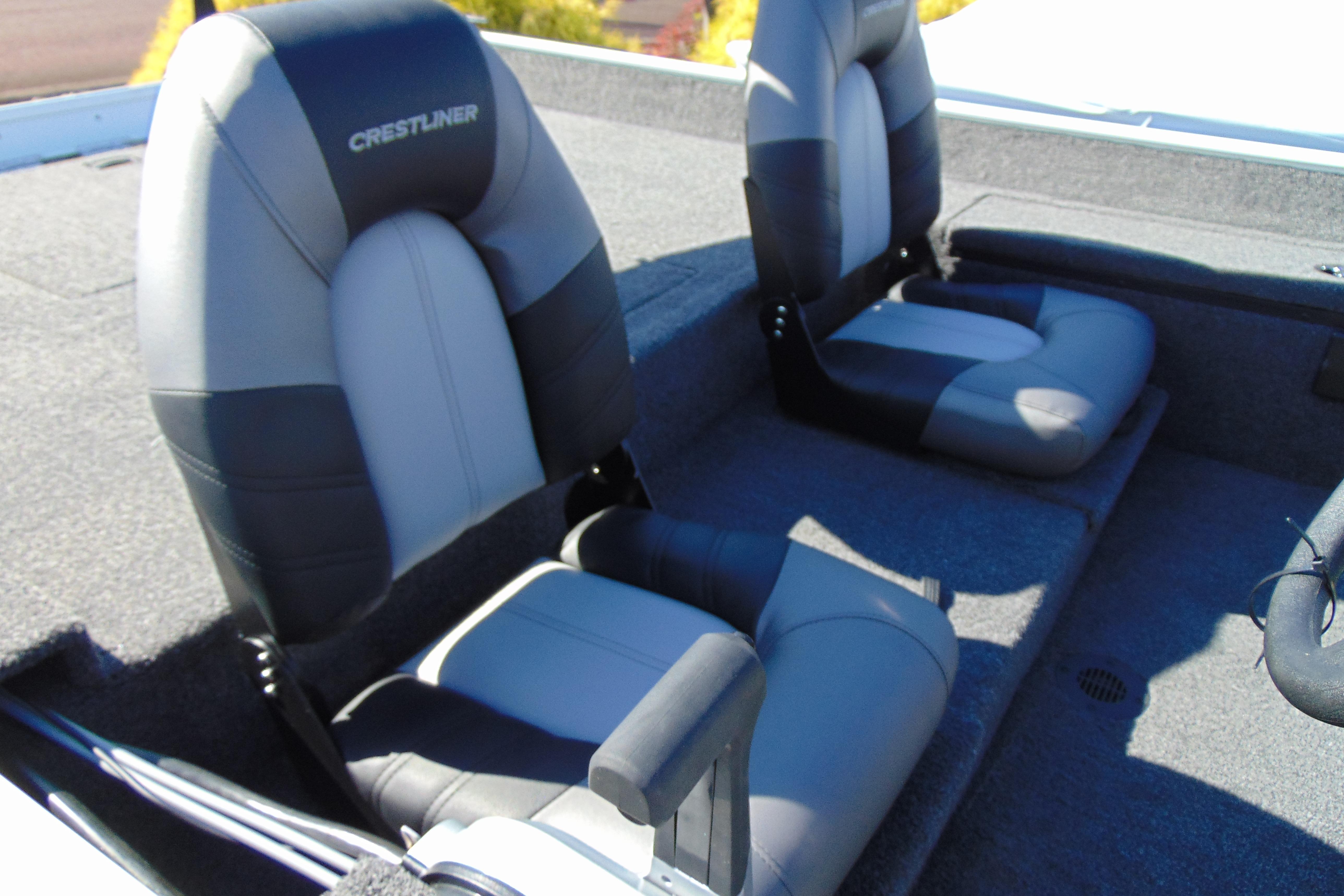2026 Crestliner 1700 Storm boat seats, gray and black upholstery, interior view.