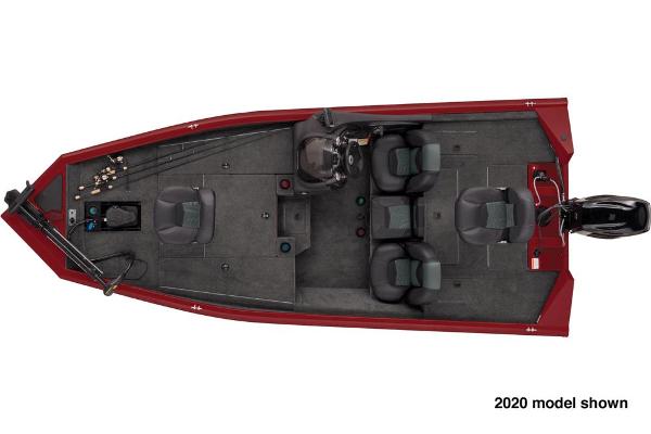 Overhead view of a red fishing boat with three seats and an outboard motor.