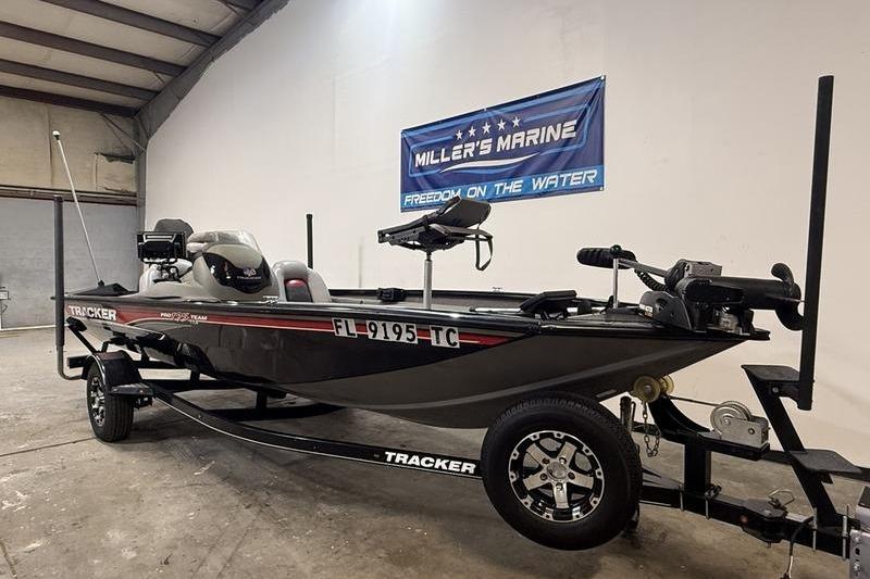2016 Tracker Pro Team 175 TXW boat on trailer in showroom.