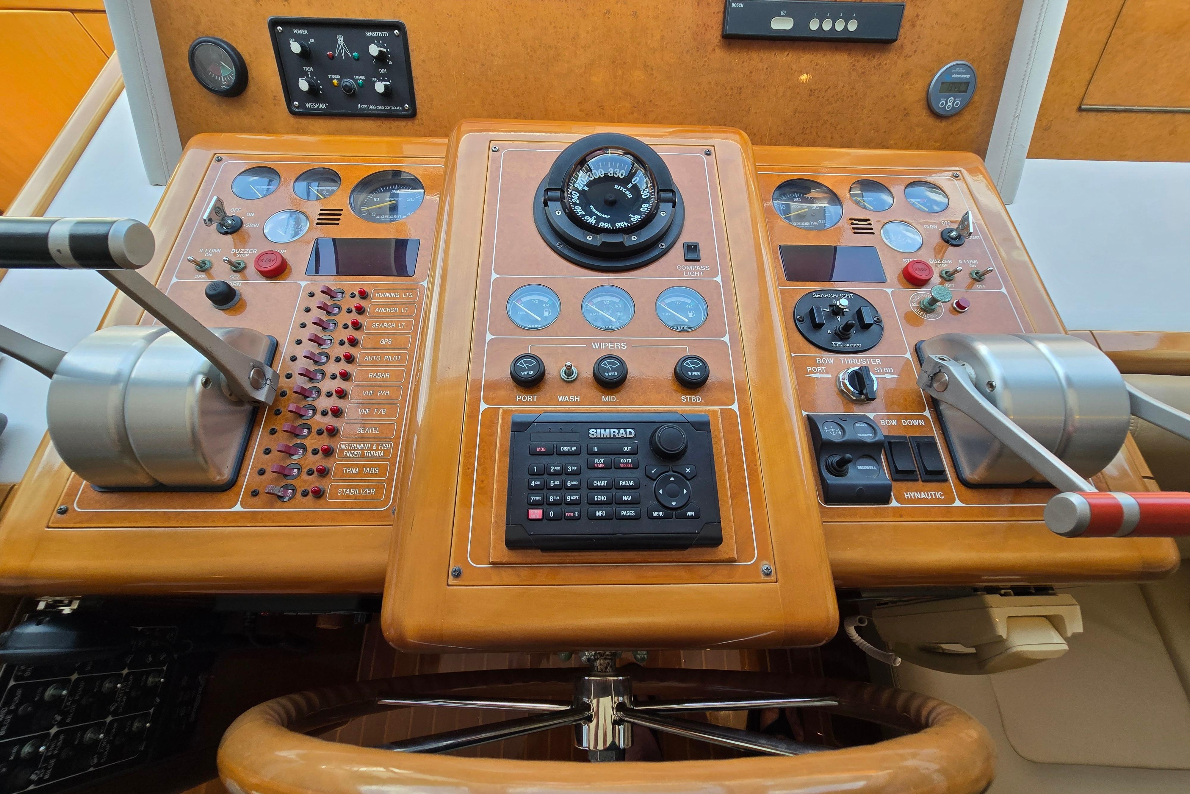 Control panel of a 2004 Grand Harbour 58 yacht, featuring navigation and throttle controls.