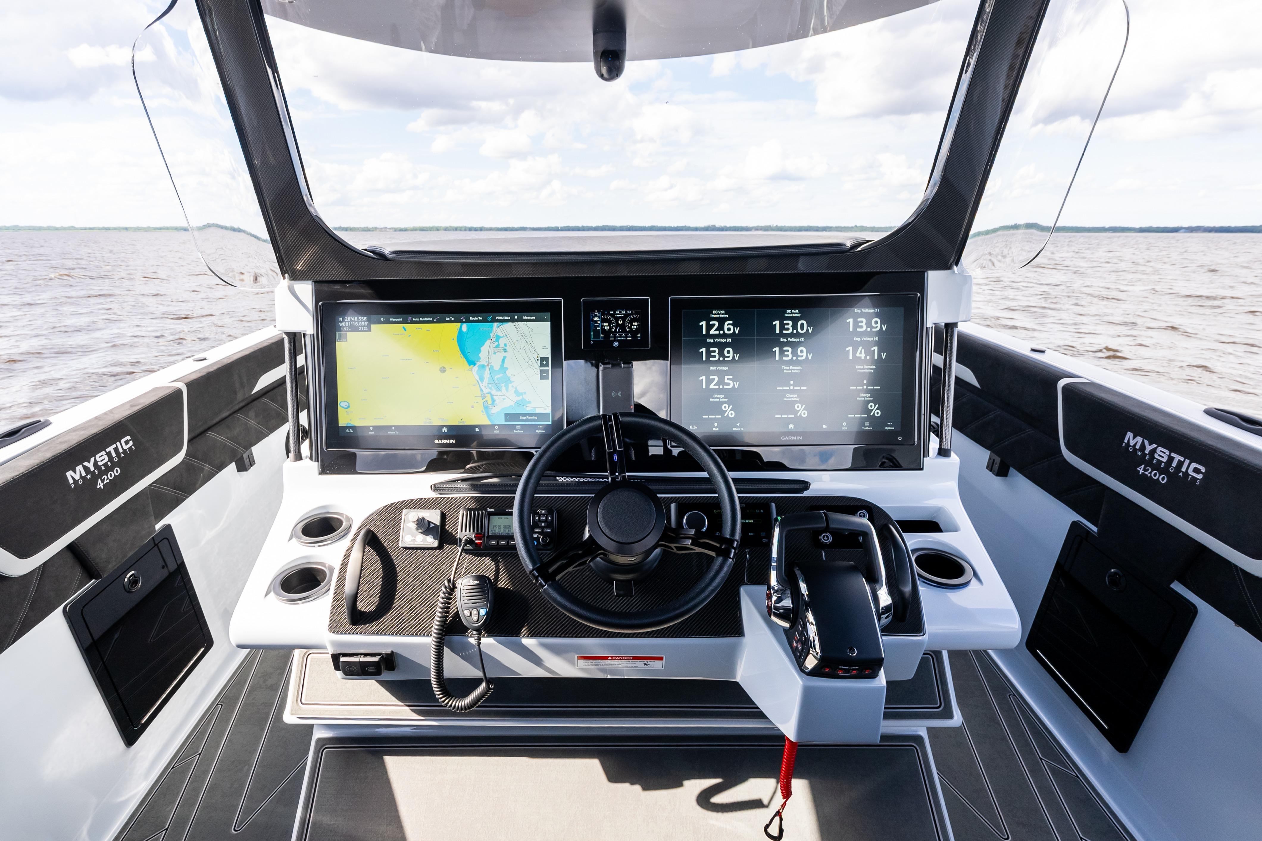 Cockpit of 2027 Mystic Powerboats M4200 with advanced navigation displays and controls.