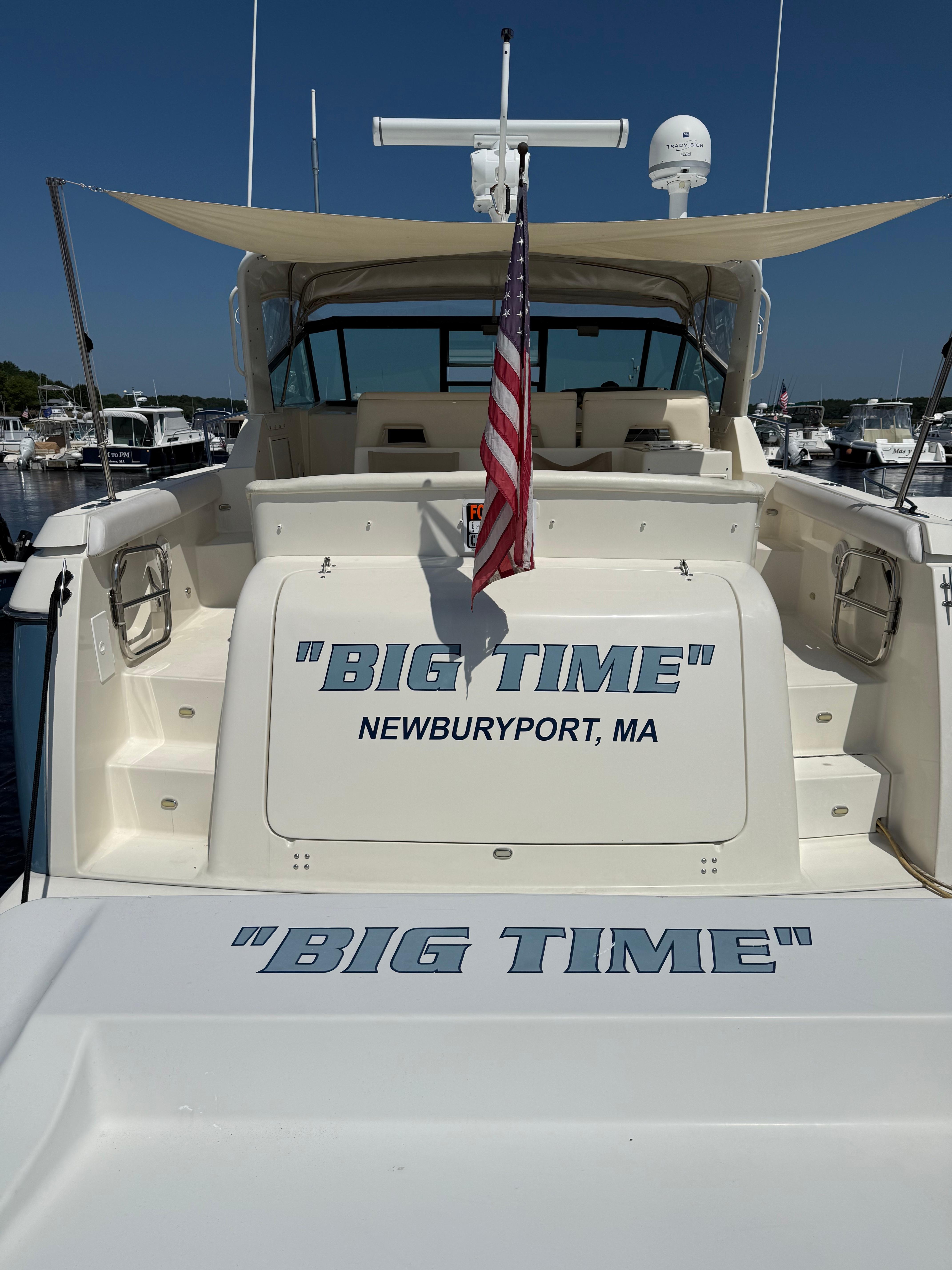 Rear view of 1996 Tiara Yachts 3500 Express, "Big Time" in Newburyport, MA.