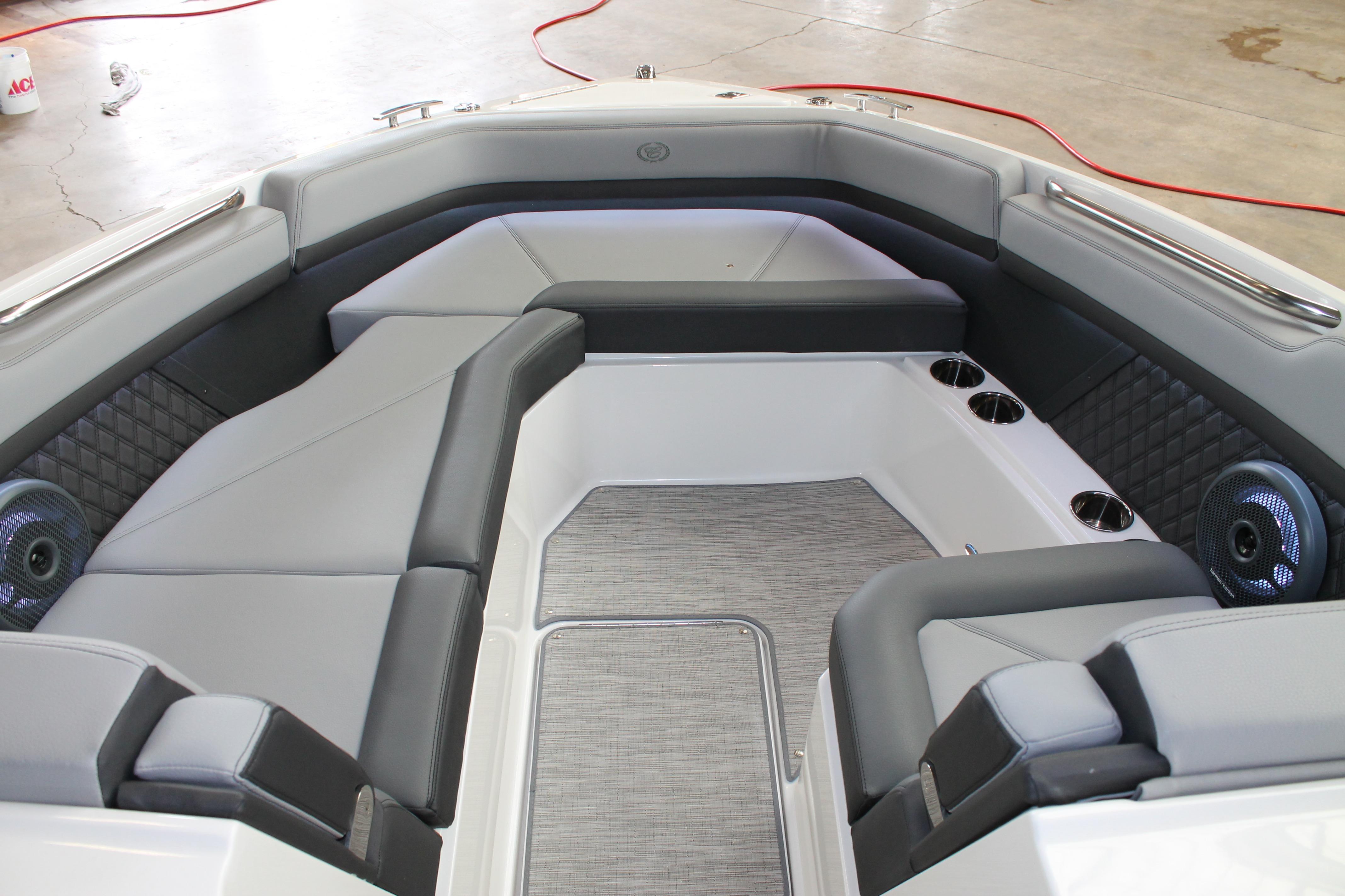 Luxurious interior of 2023 Cobalt R8 boat with sleek seating and modern design.