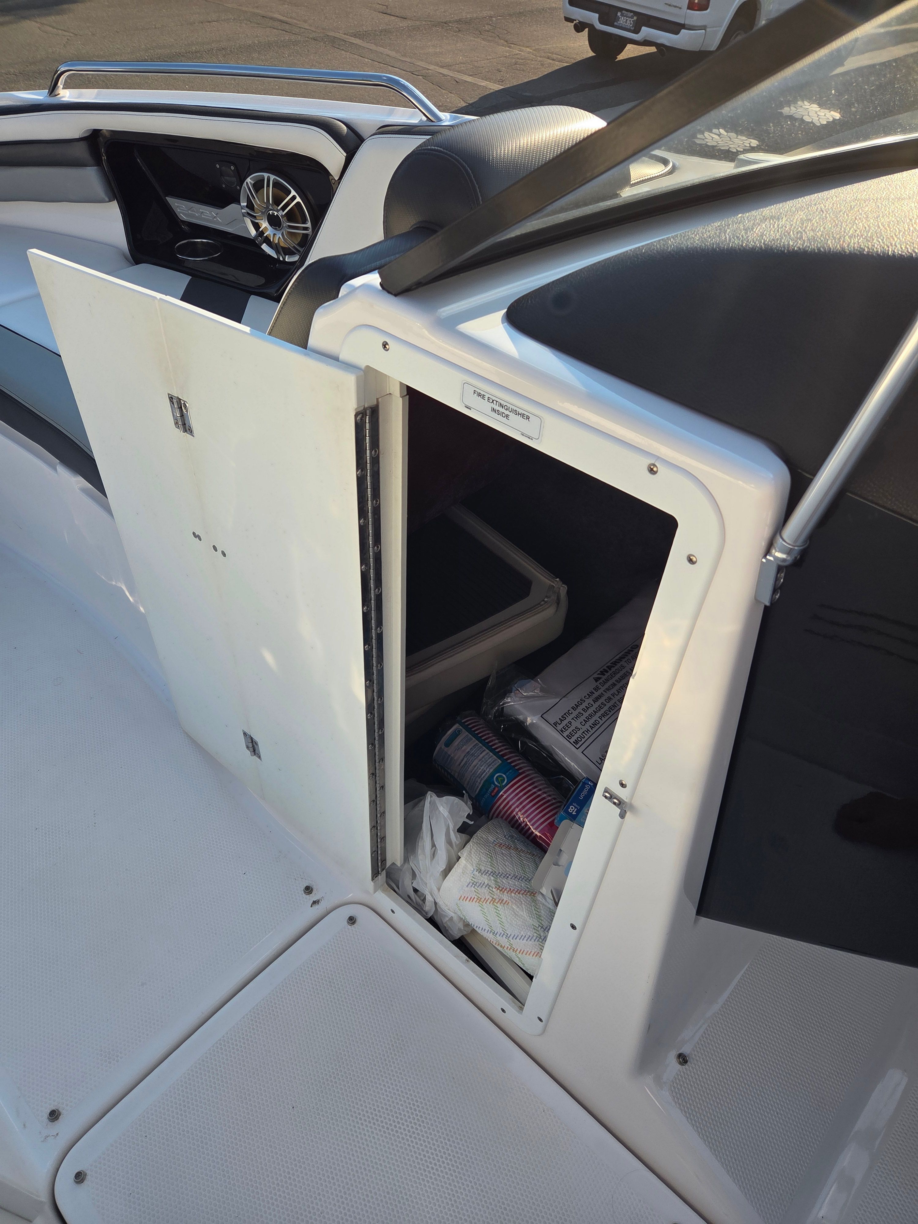 Storage compartment in the cockpit of the 2016 Yamaha 242X E-Series.