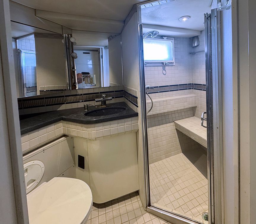 The bathroom of a yacht with a shower, sink, and toilet.