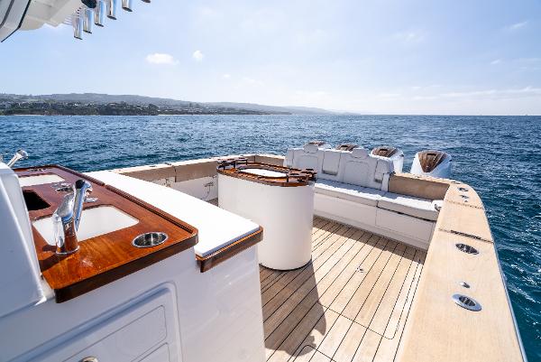 Luxury 2020 HCB 53 Sueños yacht deck with ocean view.