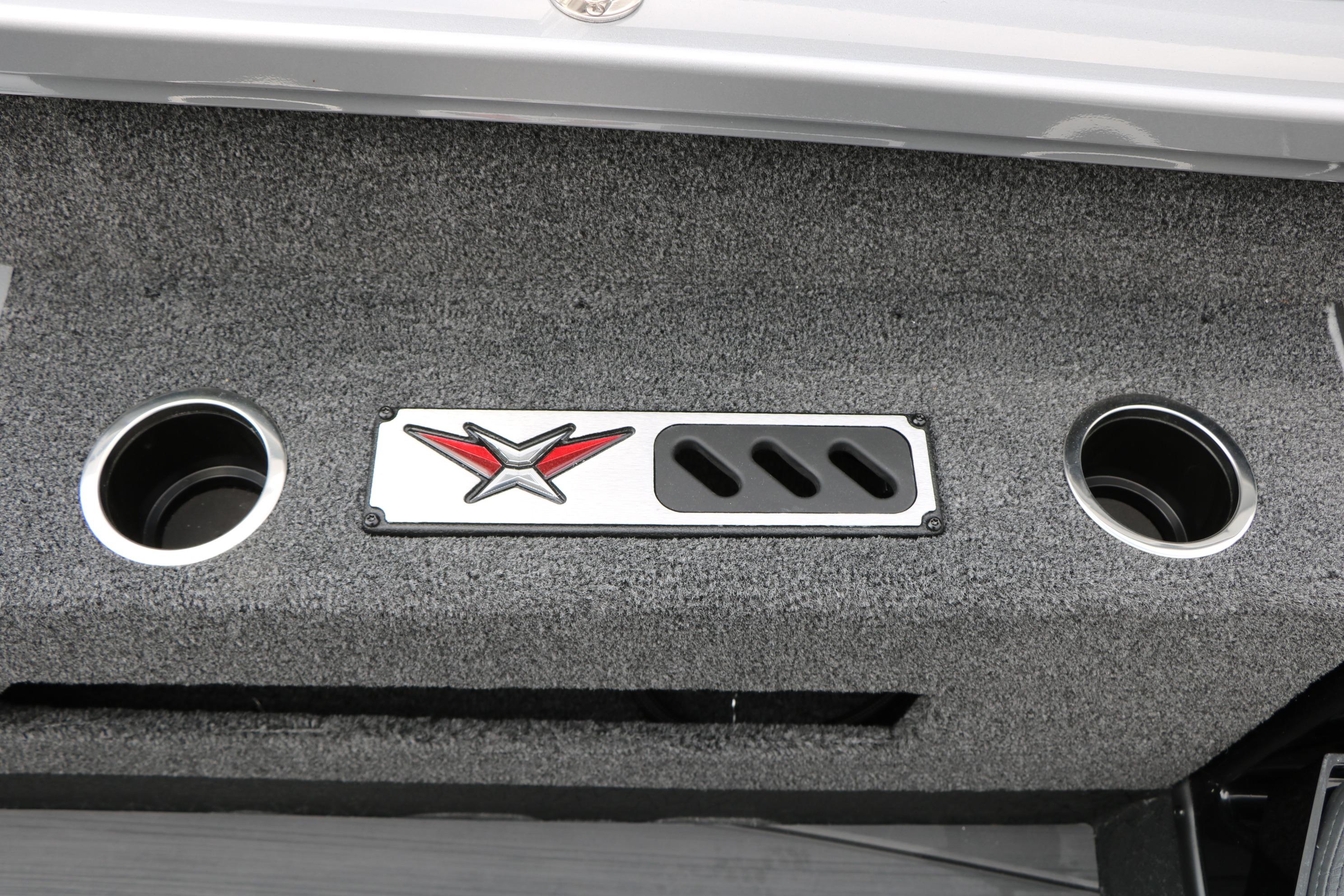 2026 Vexus ADX 190 boat interior detail with logo and cup holders.