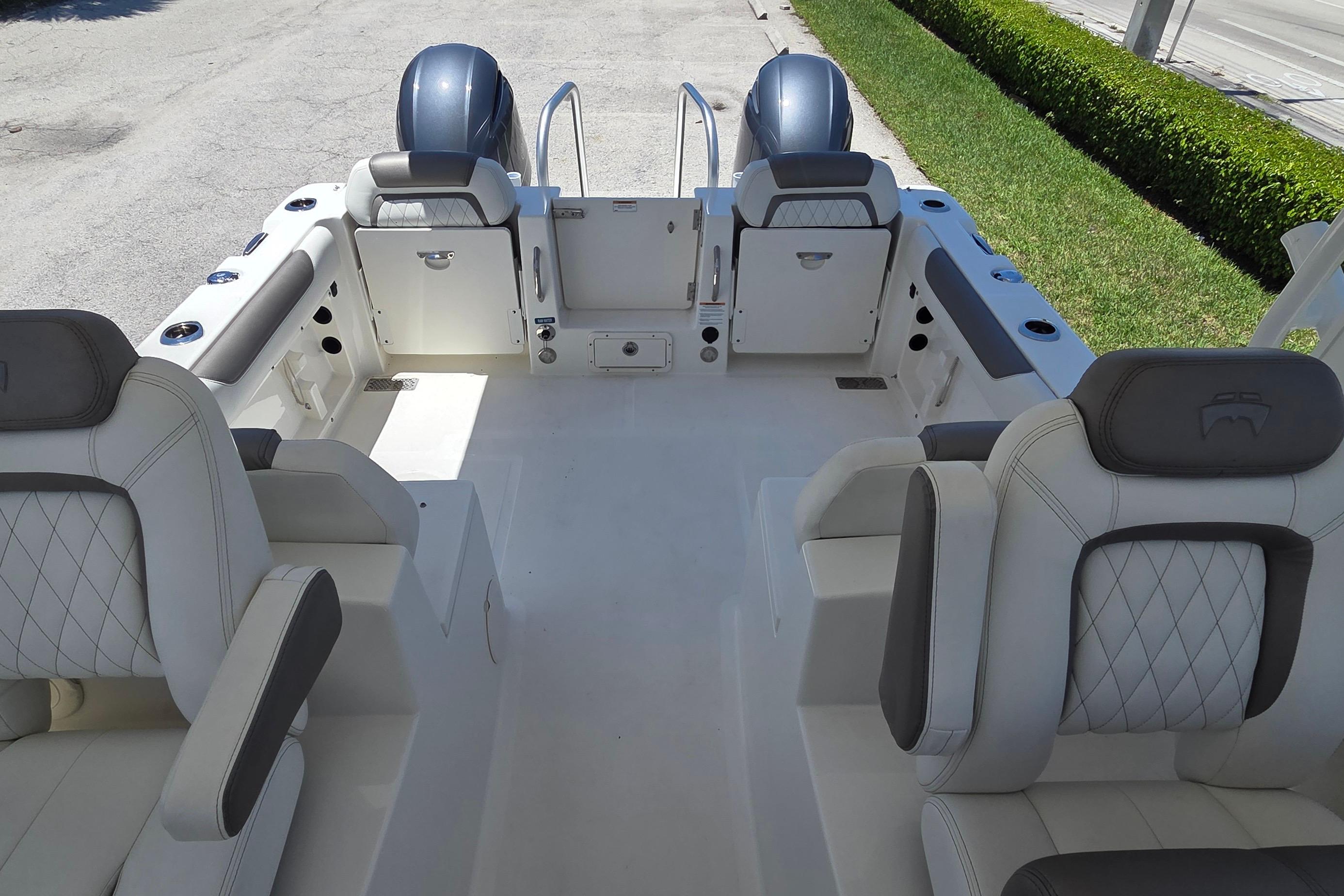 2022 World Cat 255 DC boat interior with luxurious seating and dual engines.