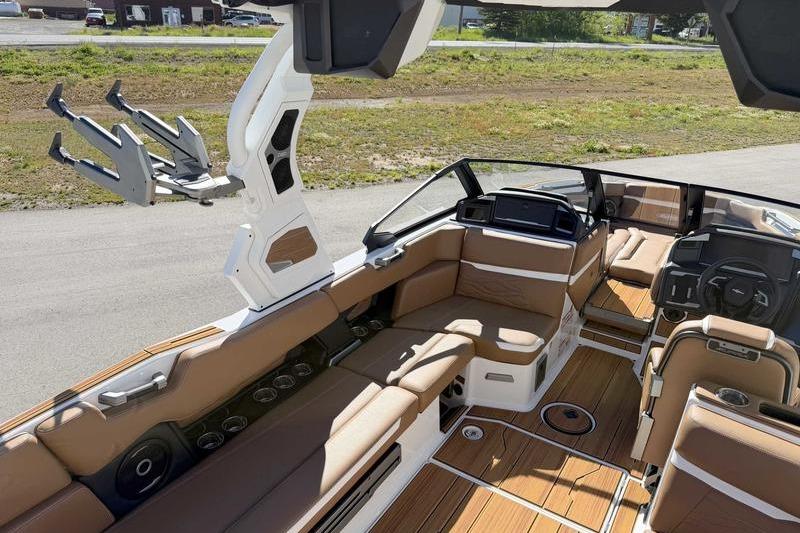 2026 Supra SL boat interior with luxurious seating and modern dashboard design.