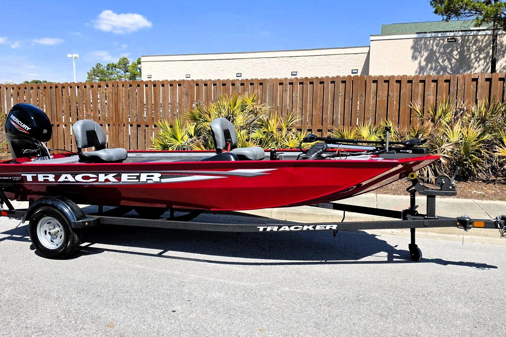 2026 Tracker Panfish 17 boat on trailer, red exterior, parked outdoors.