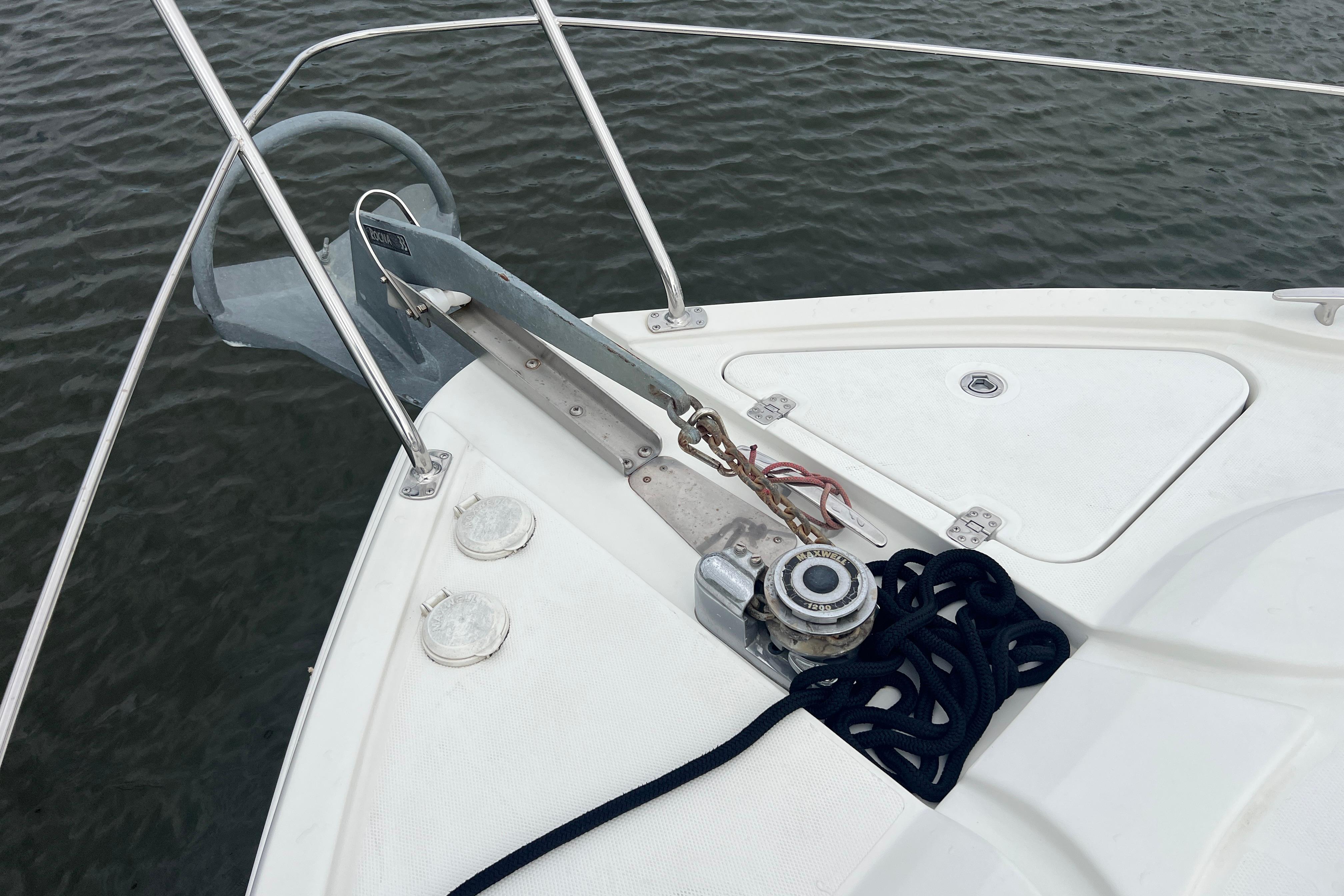 Bow of 2006 Carver 43 Motor Yacht with anchor and winch system.