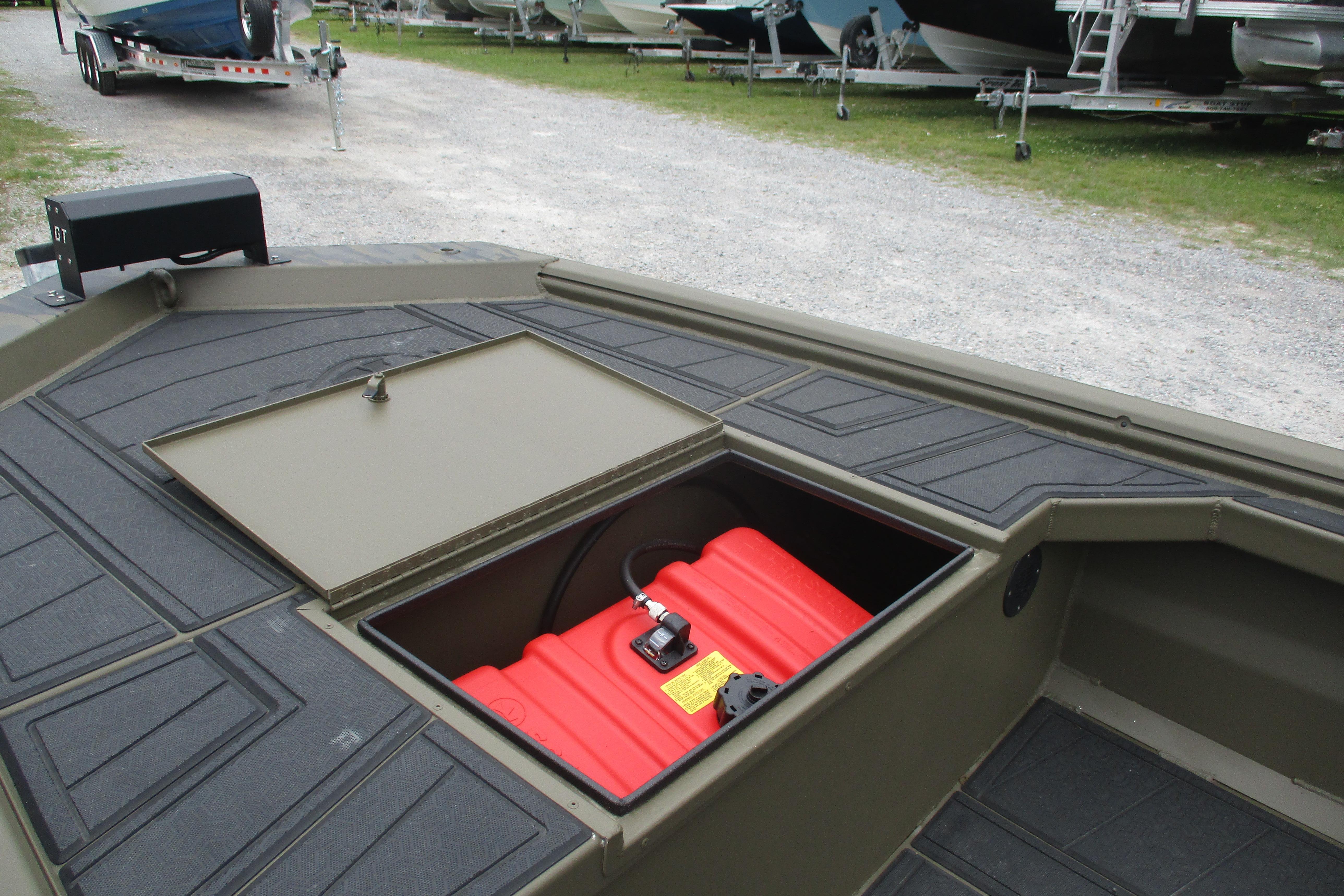 2026 Gator Tail 1854 Extreme boat with open storage compartment and red fuel tank.