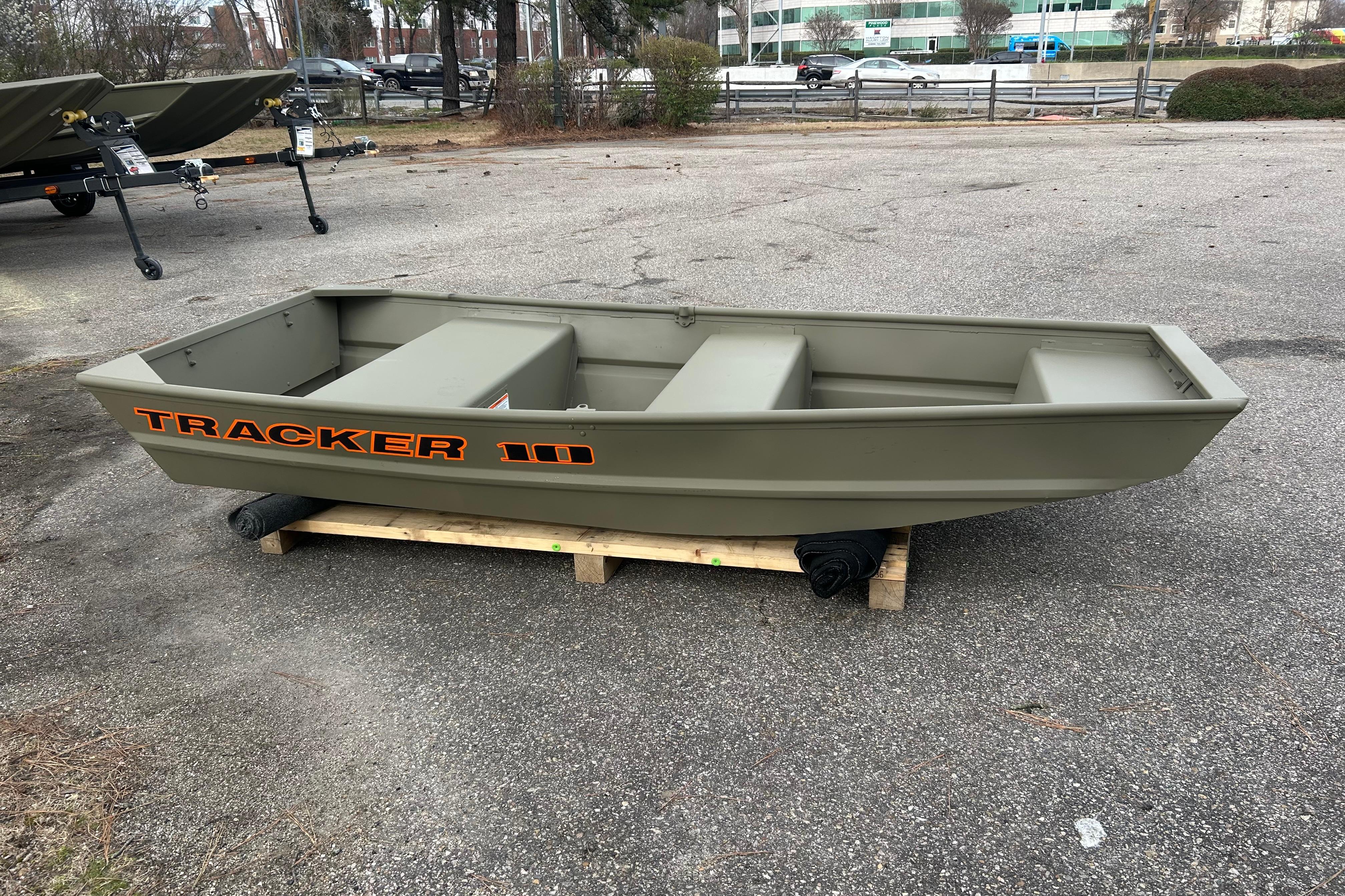 2026 Tracker Grizzly 10 Jon boat on display outdoors.