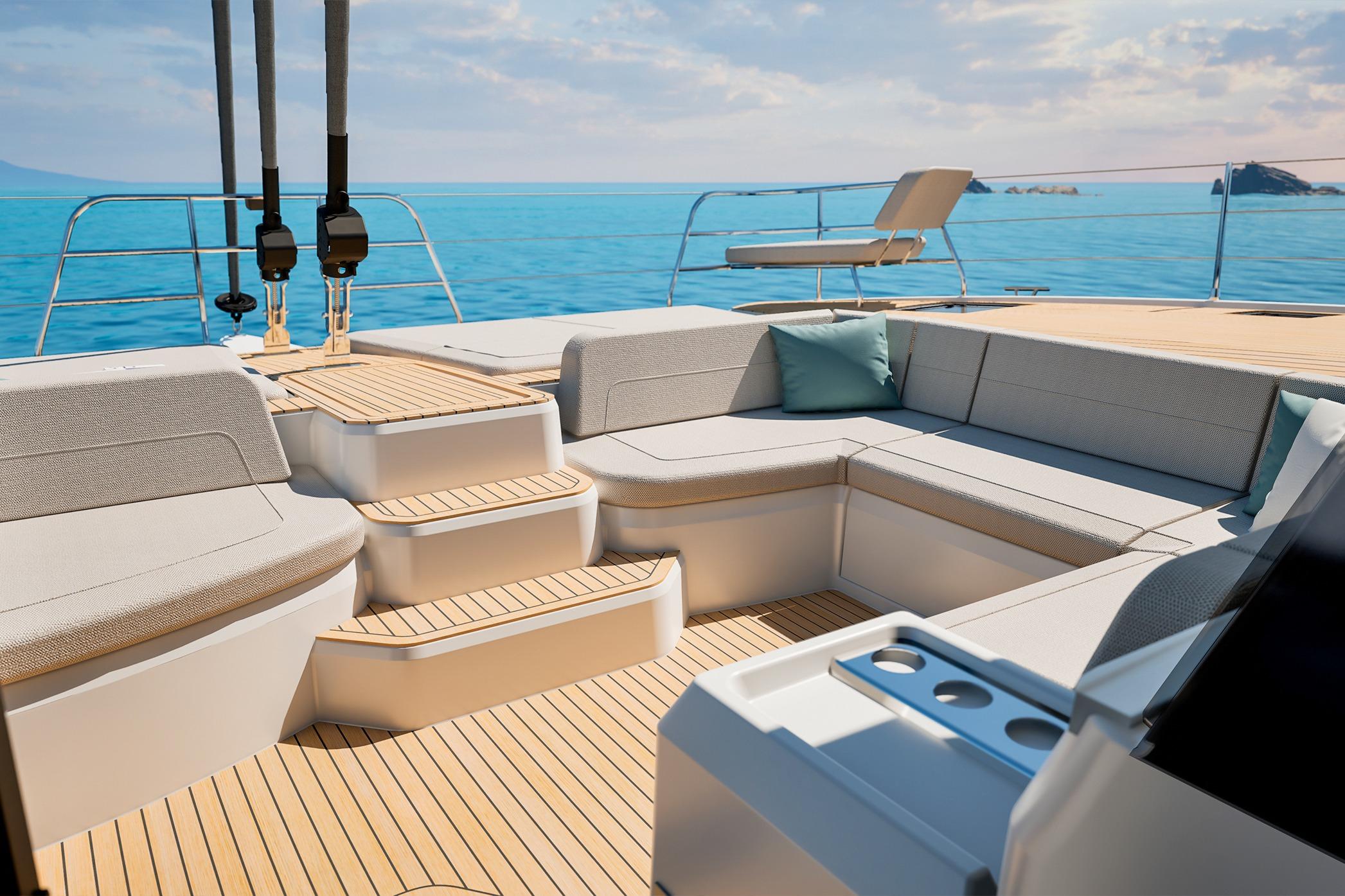 Luxurious 2026 Fountaine Pajot FP 55 yacht deck with elegant seating and ocean view.