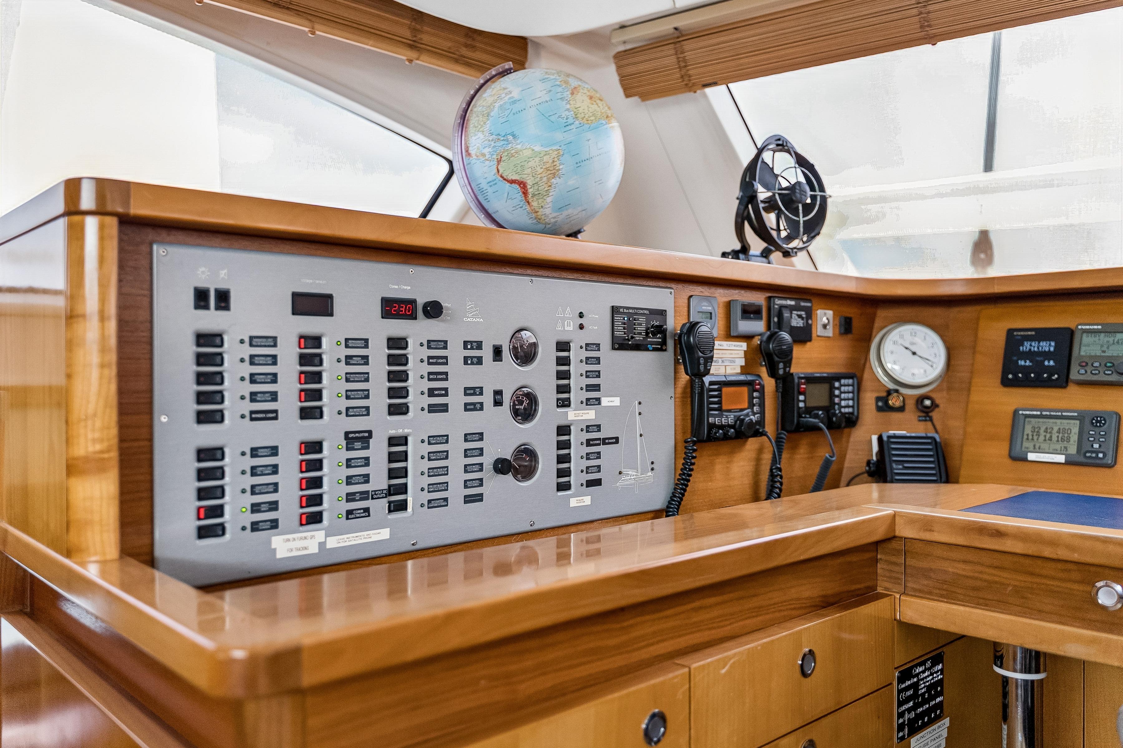 Control panel of a 2009 Catana 65 yacht with navigation instruments and globe.