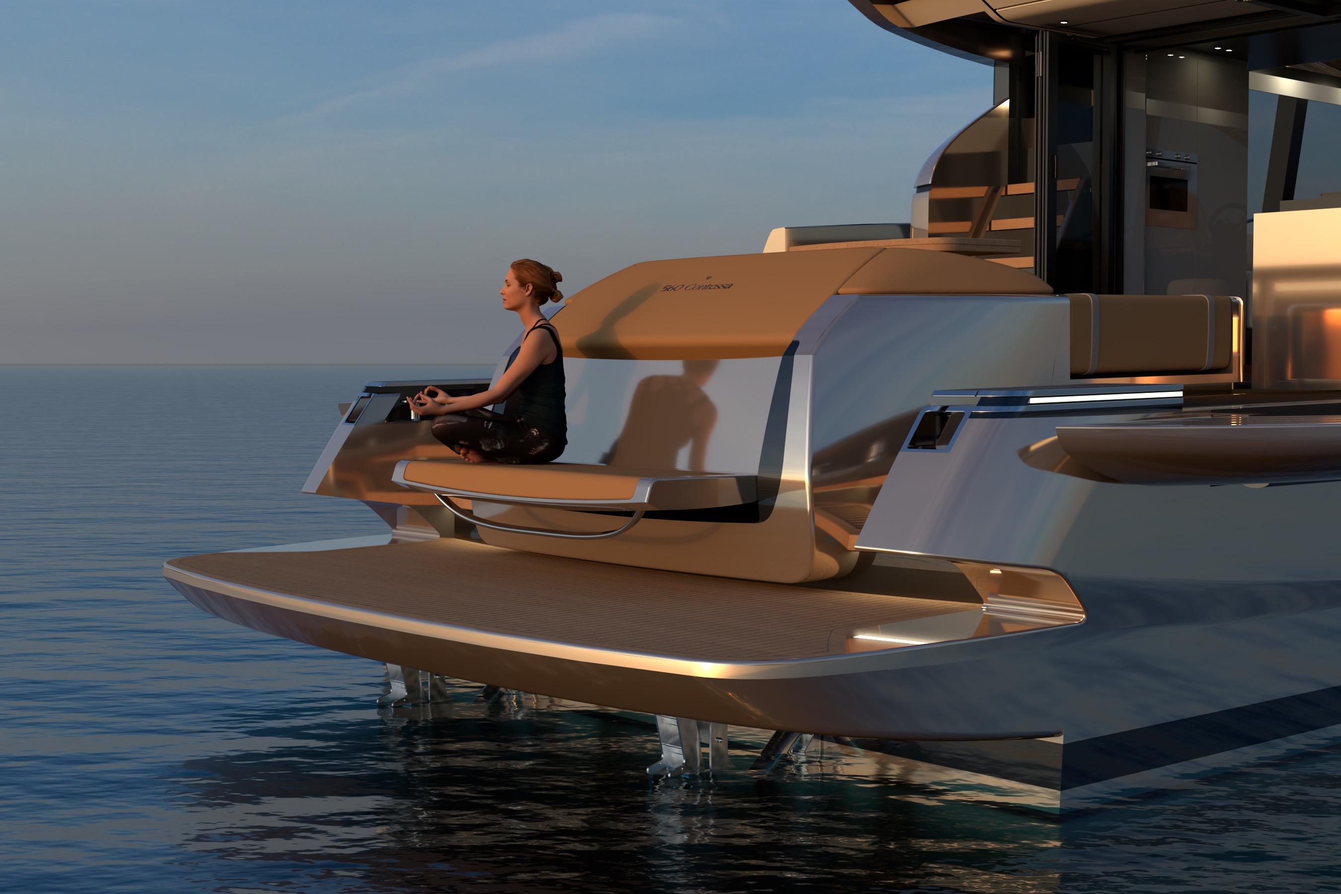 Woman meditating on luxurious 2026 FIM 580 Contessa yacht at sunset.