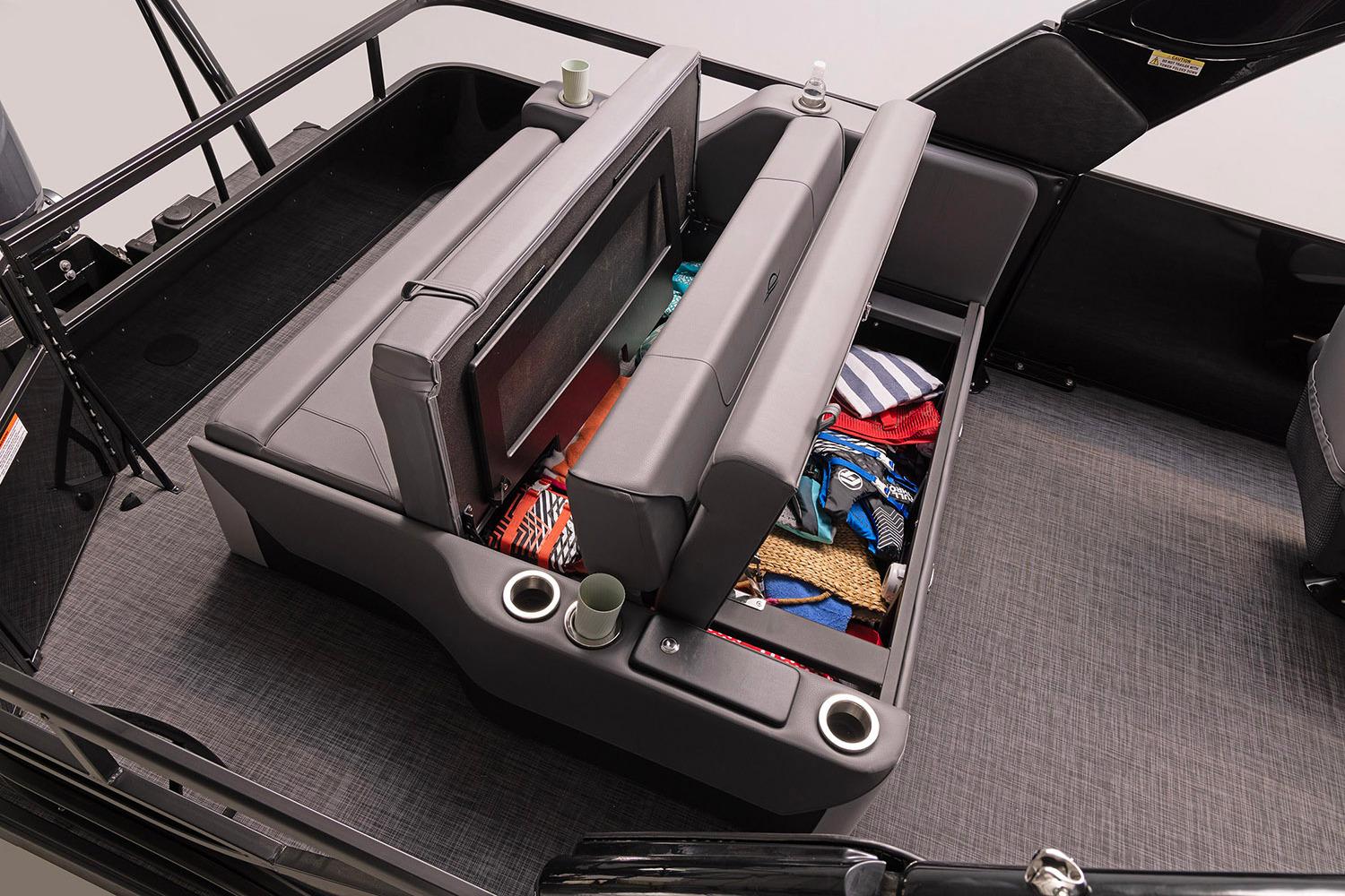 Manufacturer Provided Image: 2026 SunCatcher Diamond Elite 326 SL boat interior with storage compartment open.