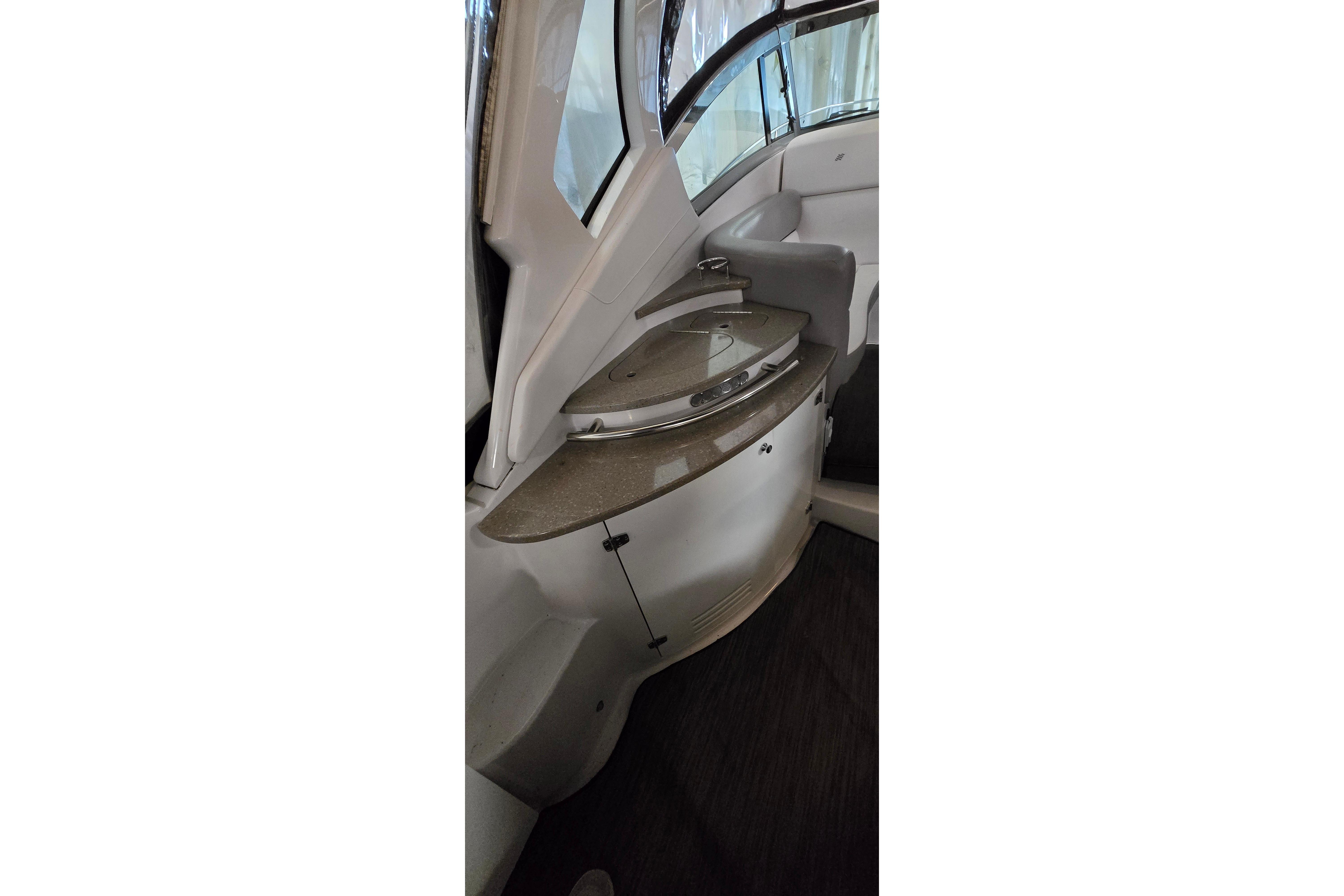 2018 Four Winns V355 boat interior with sleek countertop and modern design.