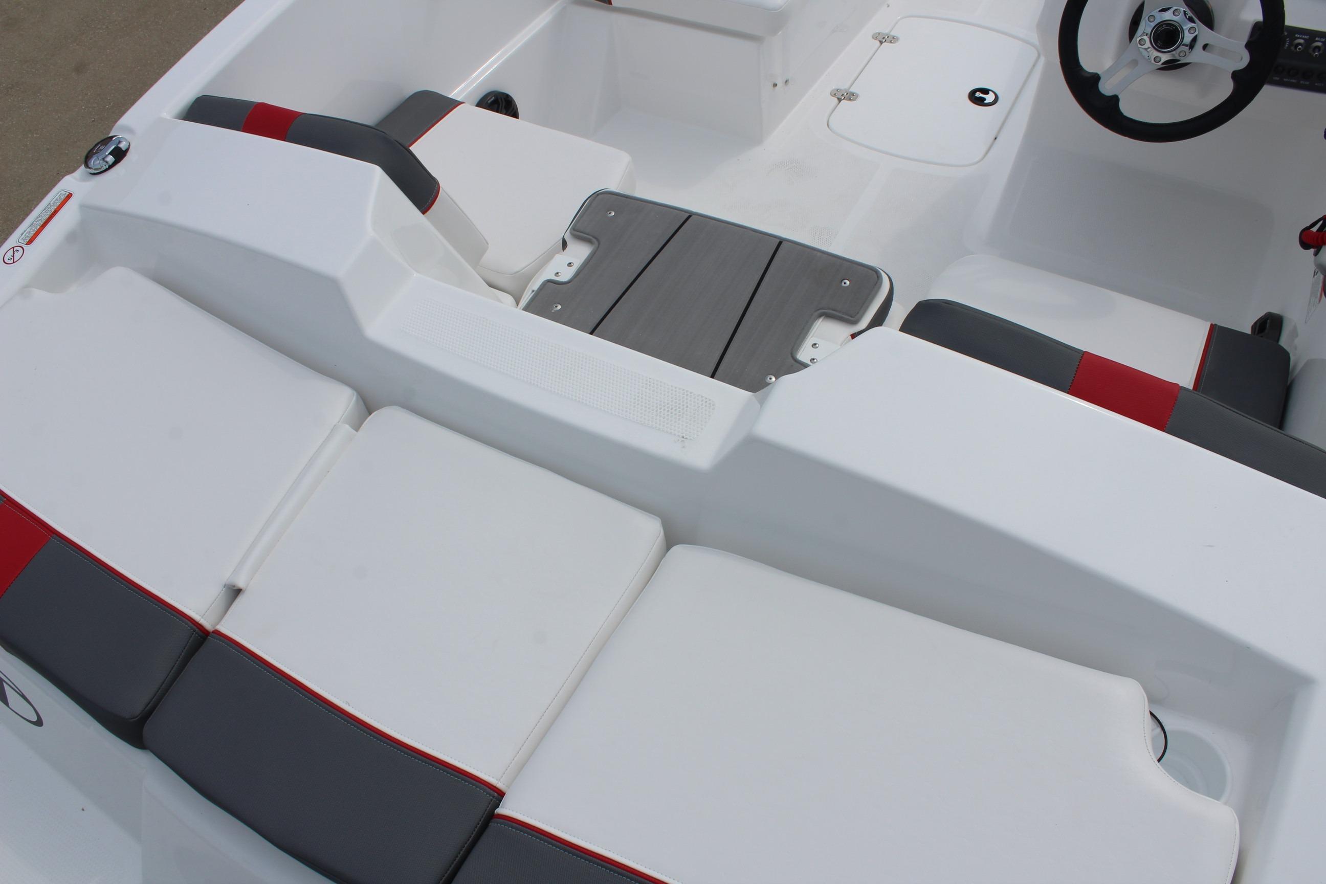 2026 Tahoe T16 boat interior with white and red seating, modern design.