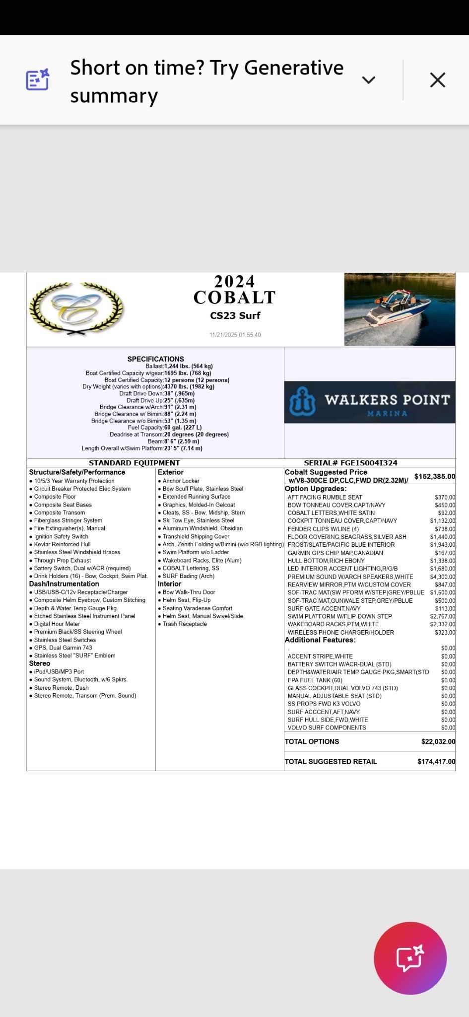 A 2024 Cobalt CS23 Surf boat with specifications and pricing details.