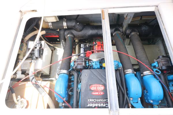 Engine compartment of a 1992 Sea Ray 350 Express Bridge boat.
