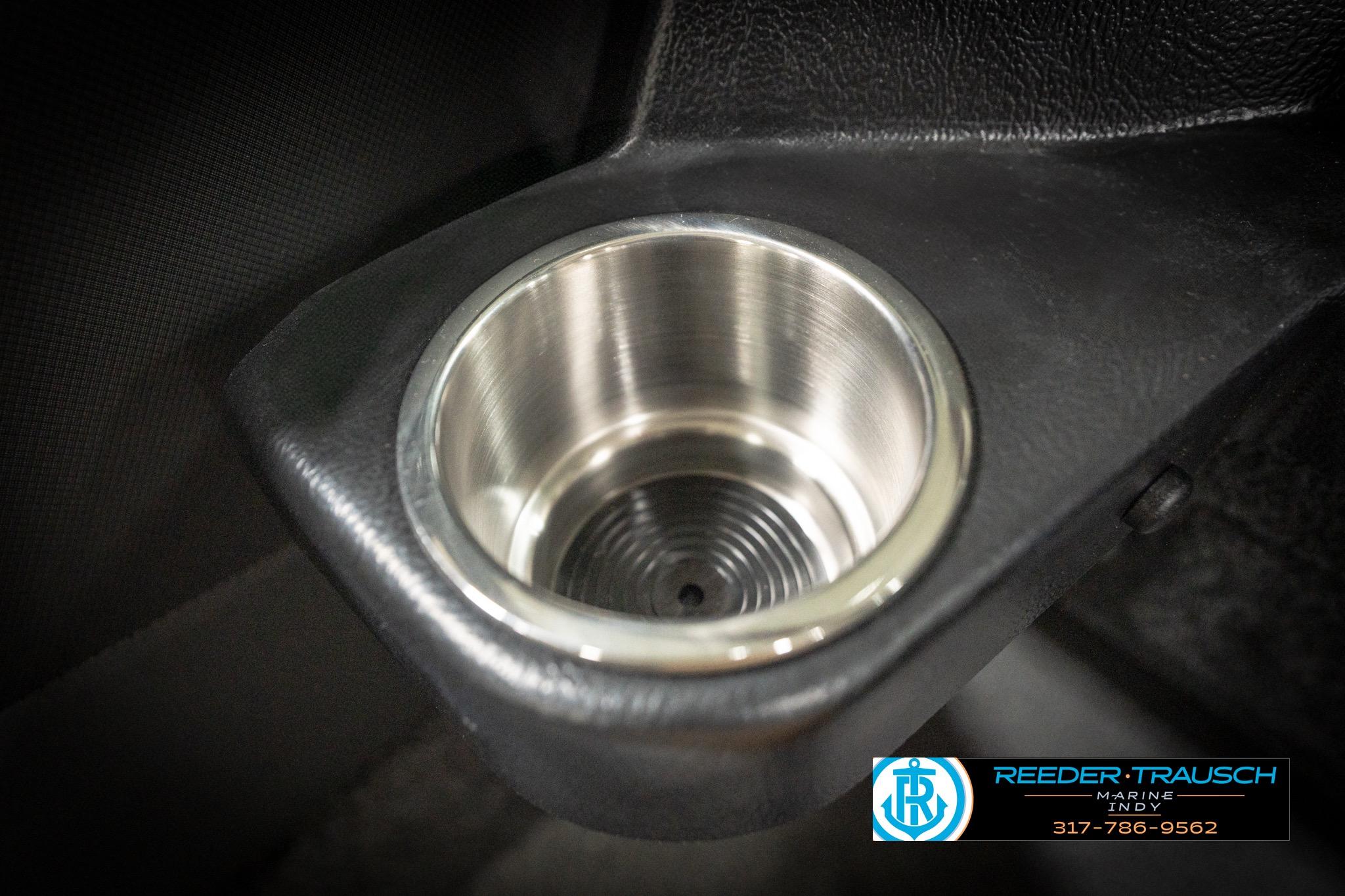 Cup holder in 2026 Lund 2275 Baron boat interior, featuring sleek stainless steel design.