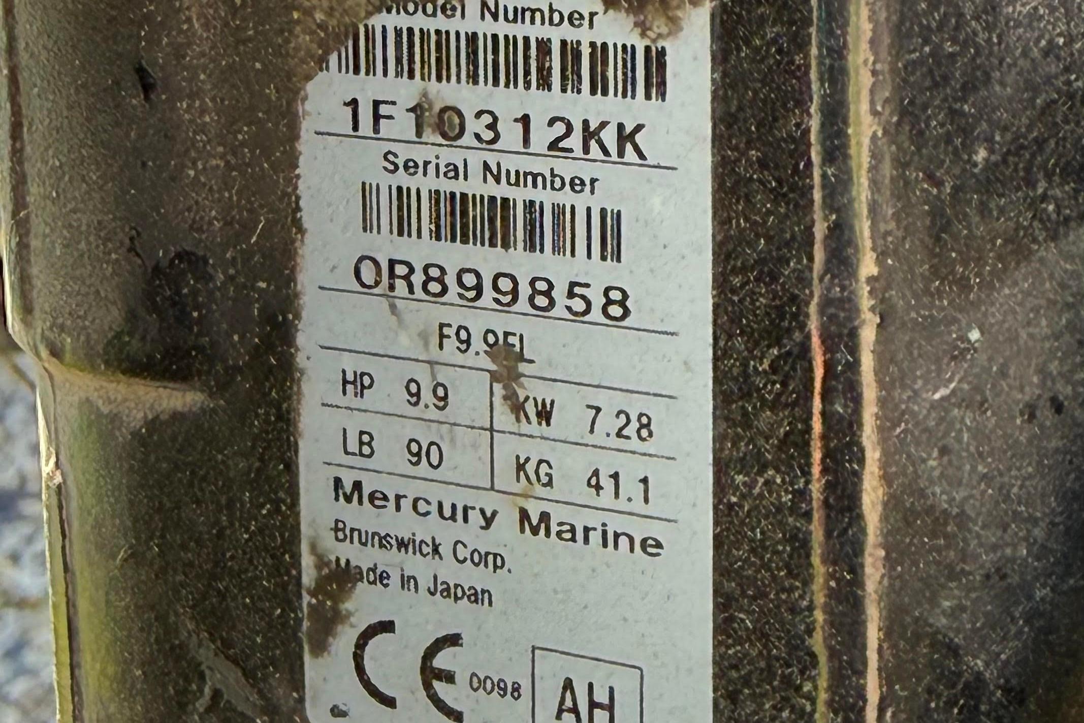 Label on Mercury Marine engine, showing model, serial number, and specifications.