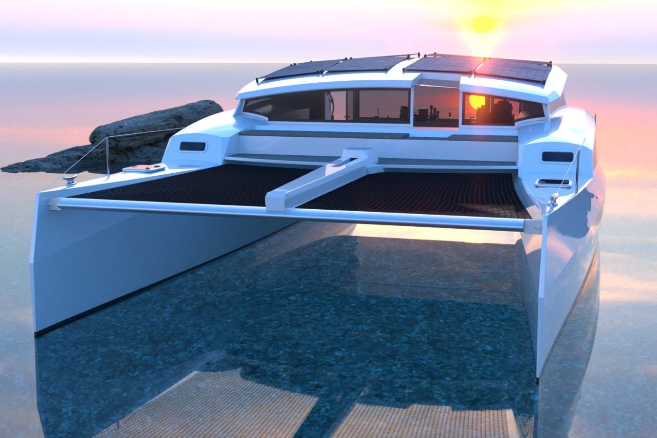 2026 Catamaran Cruisers Power Cat at sunset on calm waters.