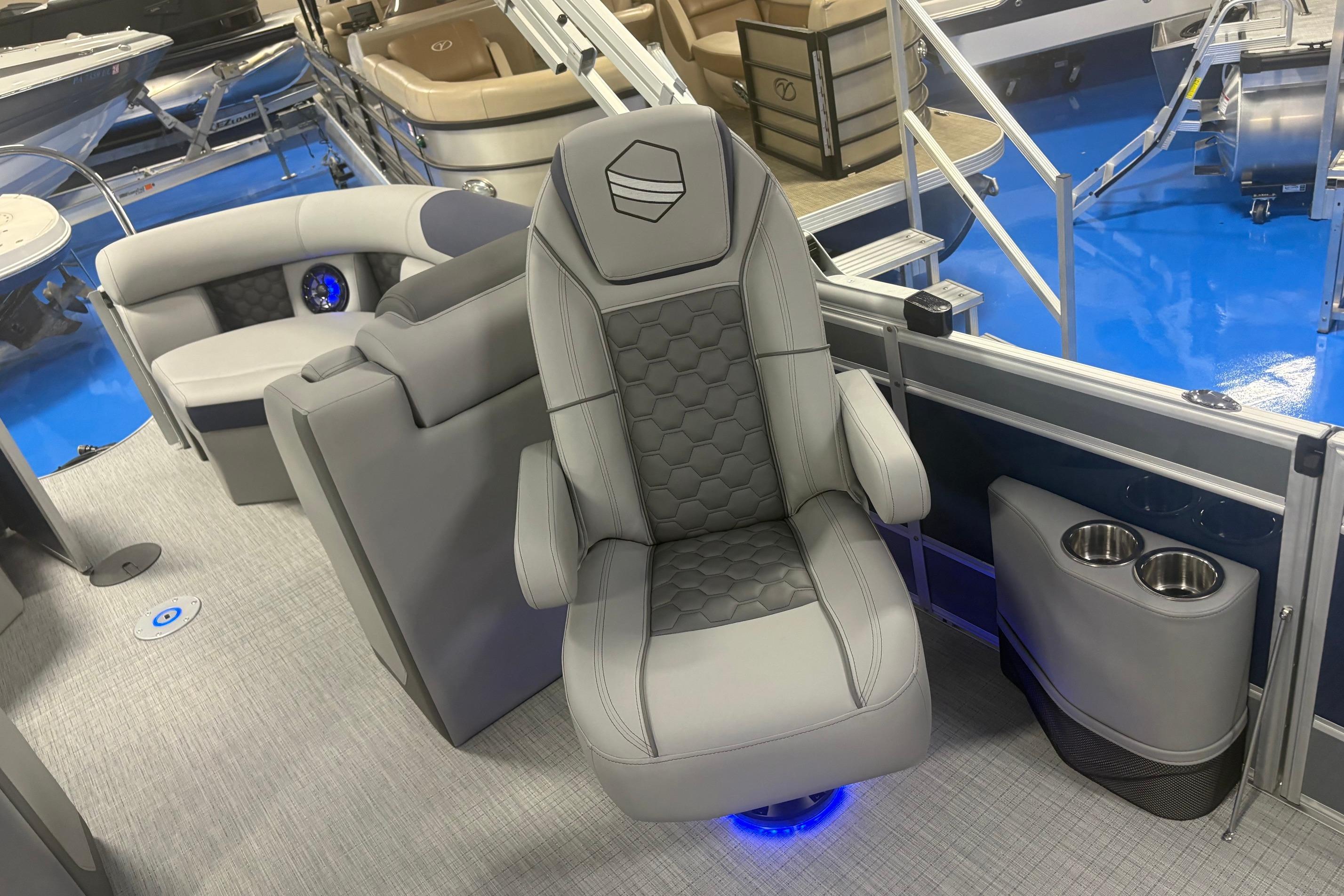 Luxurious interior of 2026 South Bay 523RS boat with plush seating and modern design.