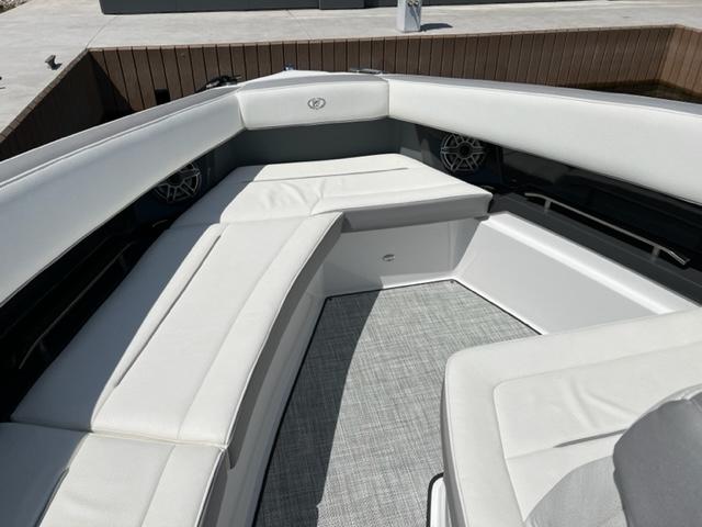 Luxurious seating area on a 2020 Cobalt A36BR boat, featuring white upholstery.