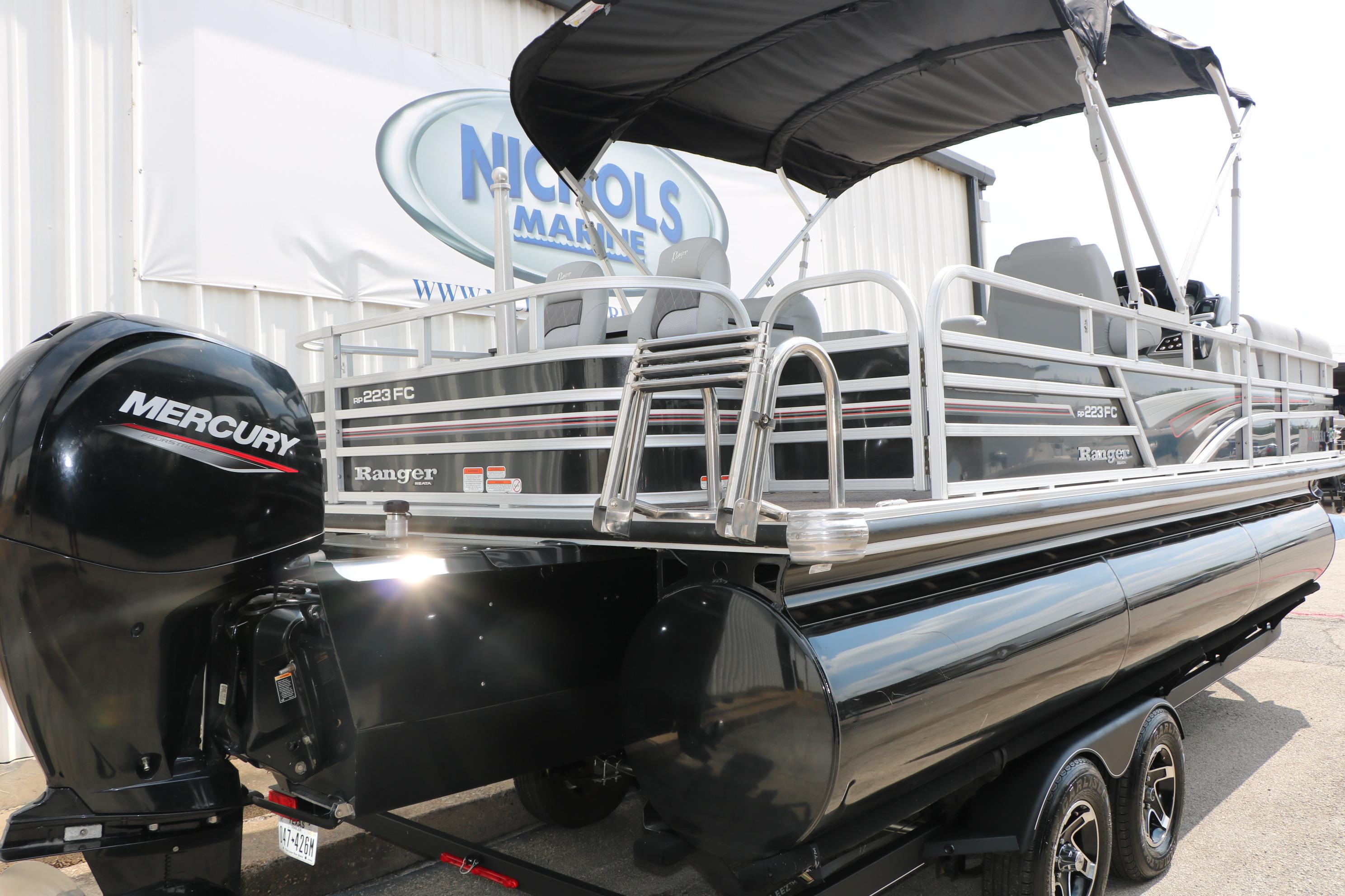 2021 Ranger 223FC pontoon boat with Mercury engine at Nichols Marine dealership.