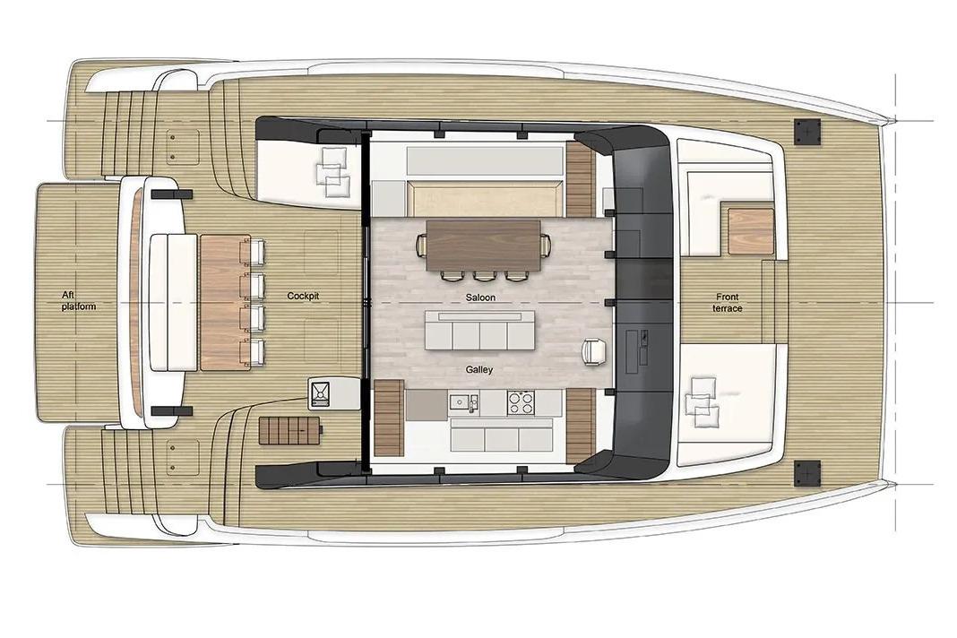 Floor plan of 2026 Sunreef 60 Power yacht, featuring cockpit, saloon, galley, and front terrace.