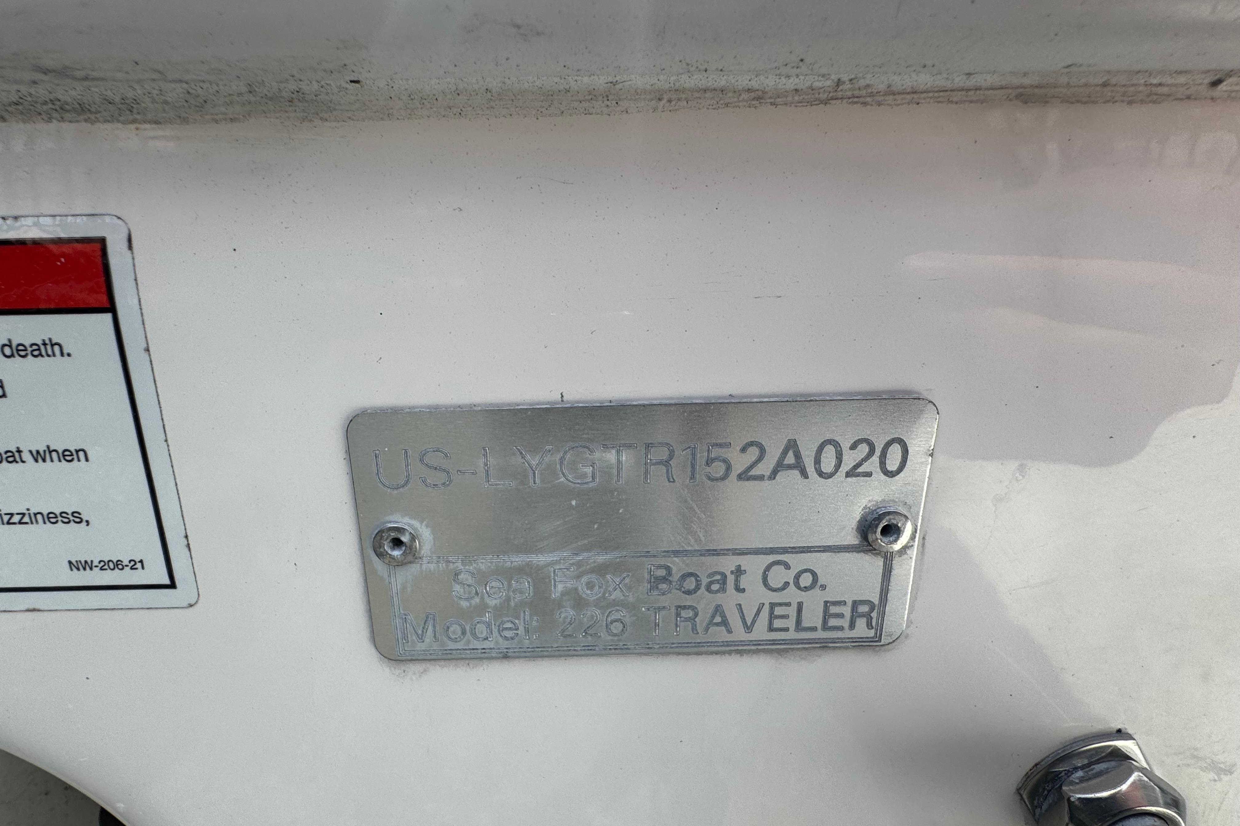 2020 Sea Fox 226 Traveler boat identification plate with model and serial number.
