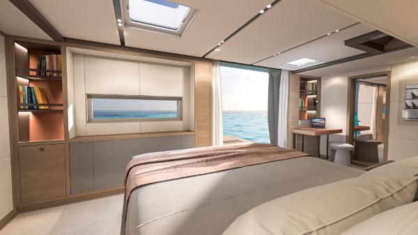 Luxurious interior of 2025 Lagoon 83 yacht with ocean view and modern furnishings.