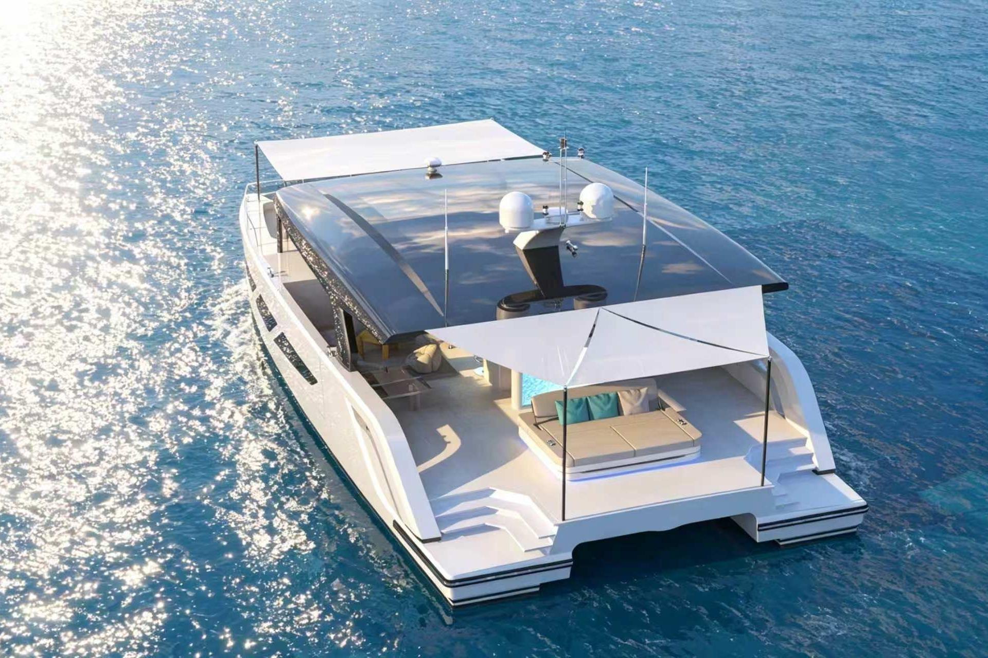 2026 Diamond Yachts P55 Power Catamaran cruising on clear blue ocean waters.