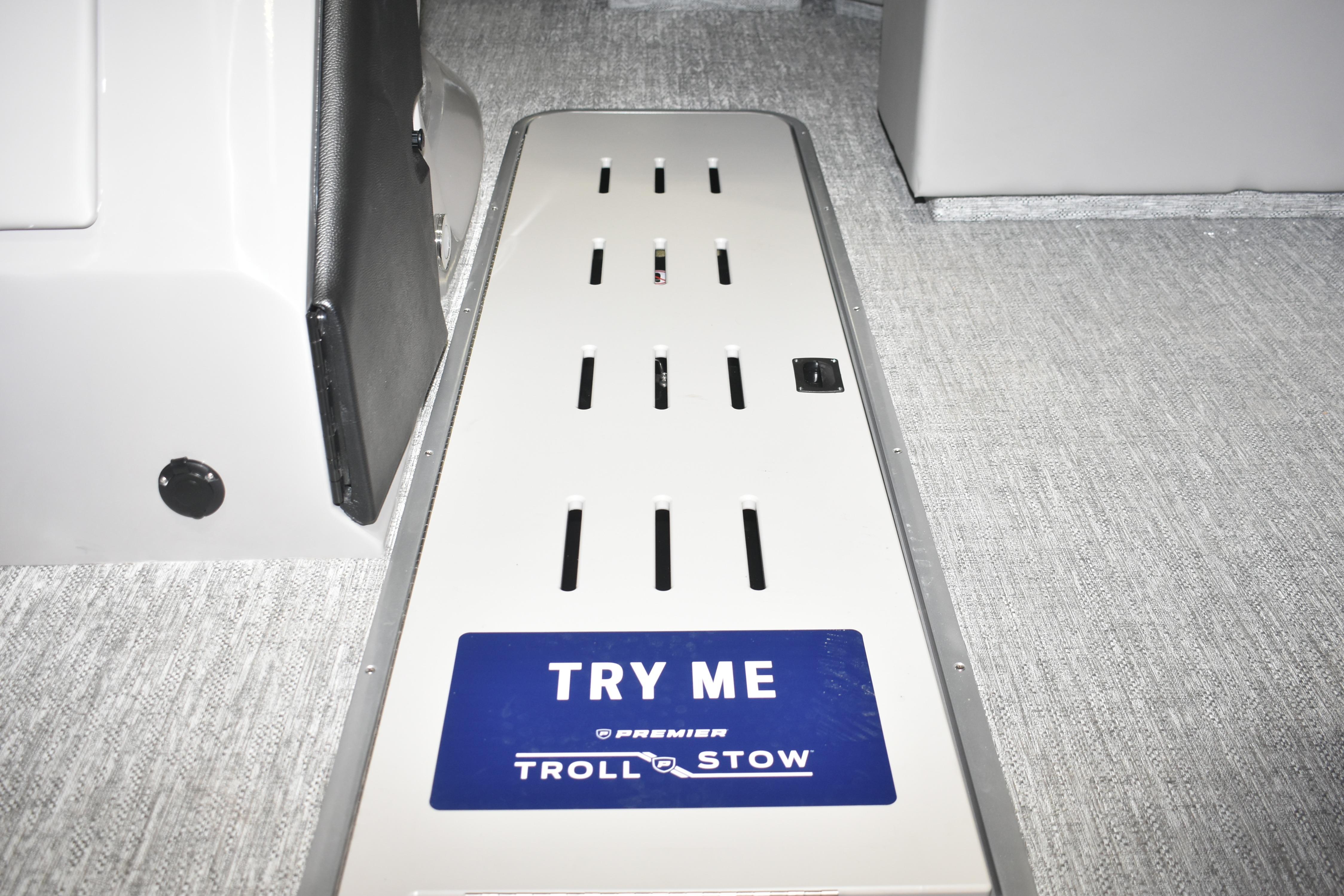 2026 Premier 230 Sunsation Angler 4PT PTX boat floor with "Try Me" Troll & Stow feature.