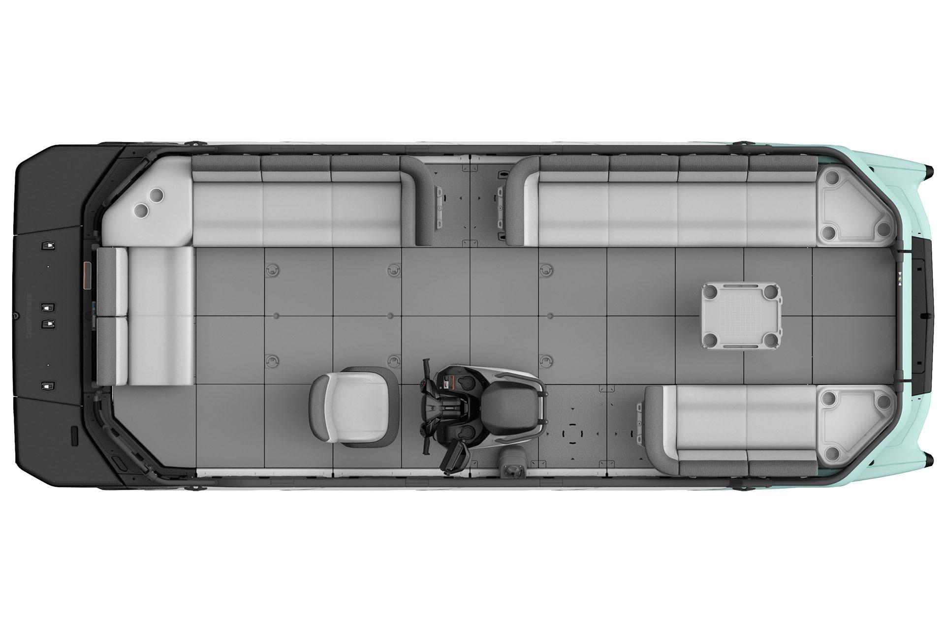 Top view of 2026 Sea-Doo Switch Cruise 21 pontoon boat interior layout.
