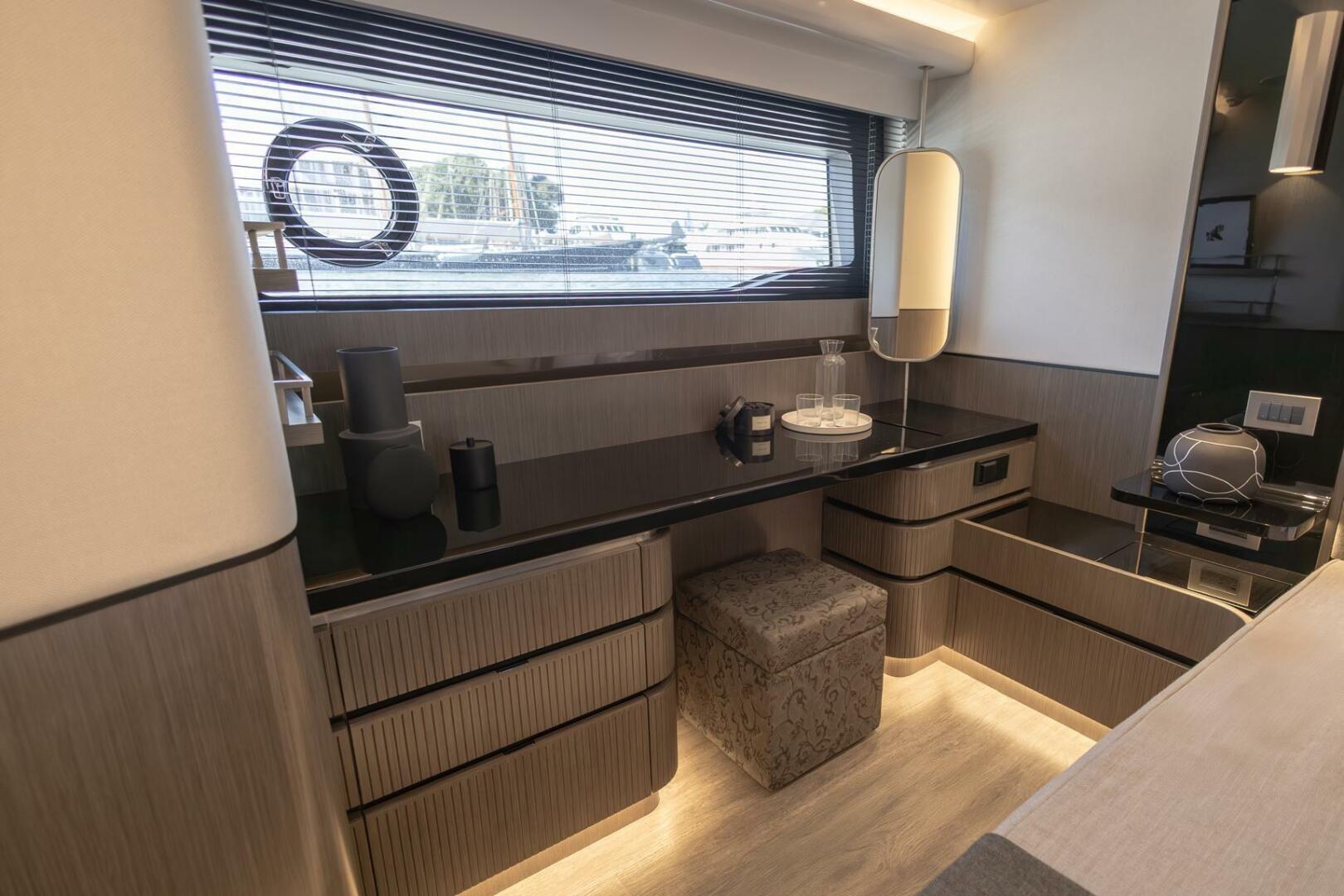 Luxurious interior of 2023 Pearl 72 yacht with modern furnishings and elegant decor.