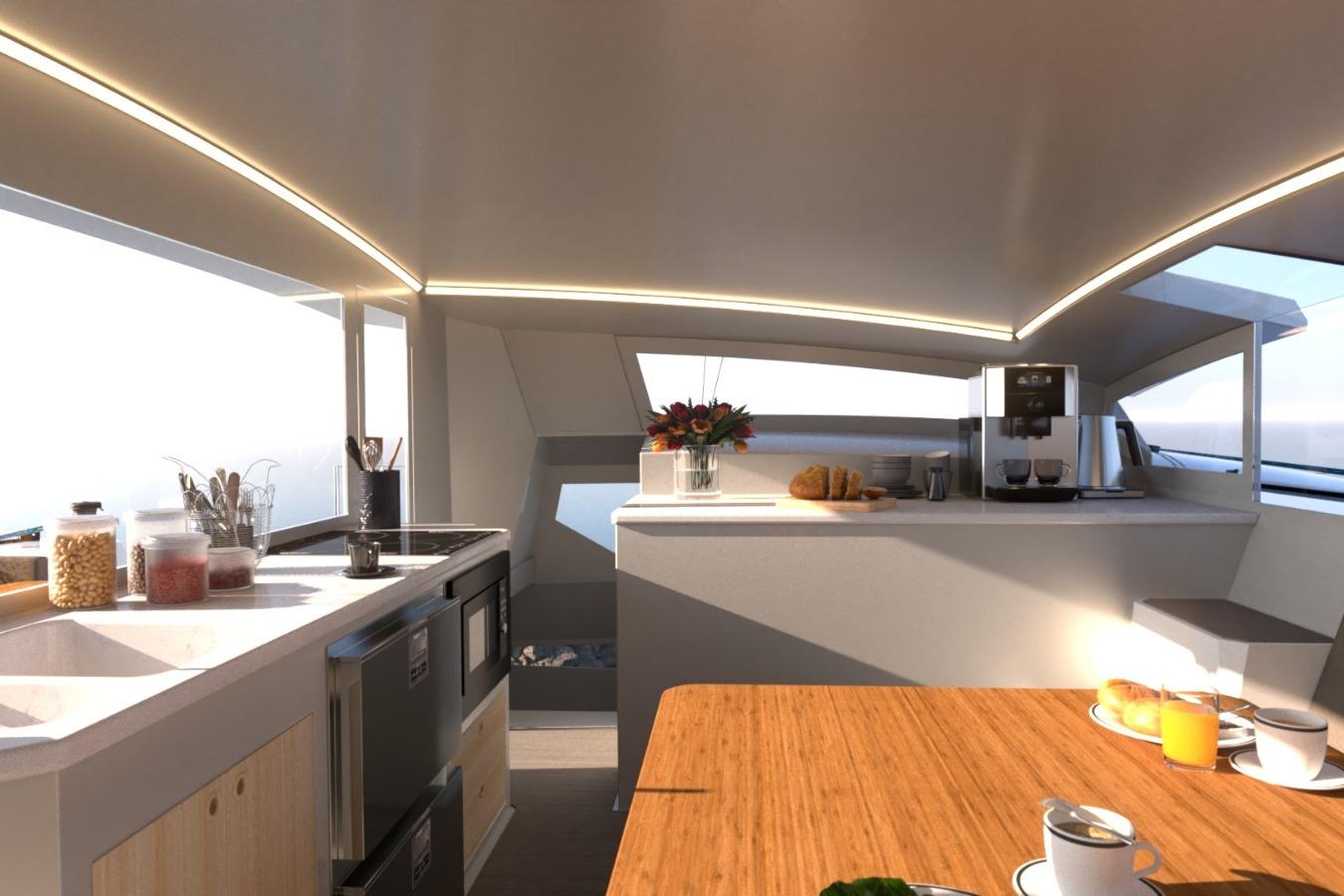 Modern kitchen interior of 2026 Catamaran Cruisers Power Cat with breakfast setup.