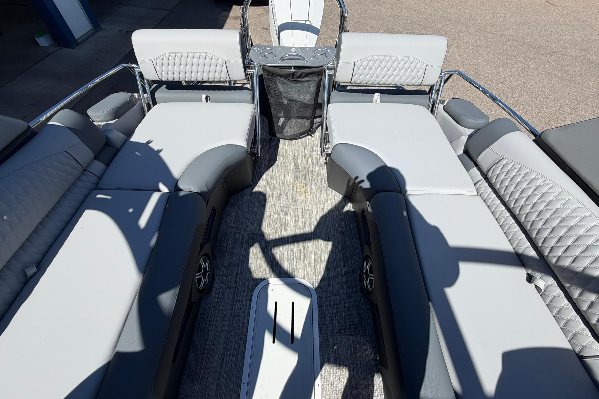 2026 Avalon Excalibur LTD Quad Lounge boat interior with luxurious seating and modern design.