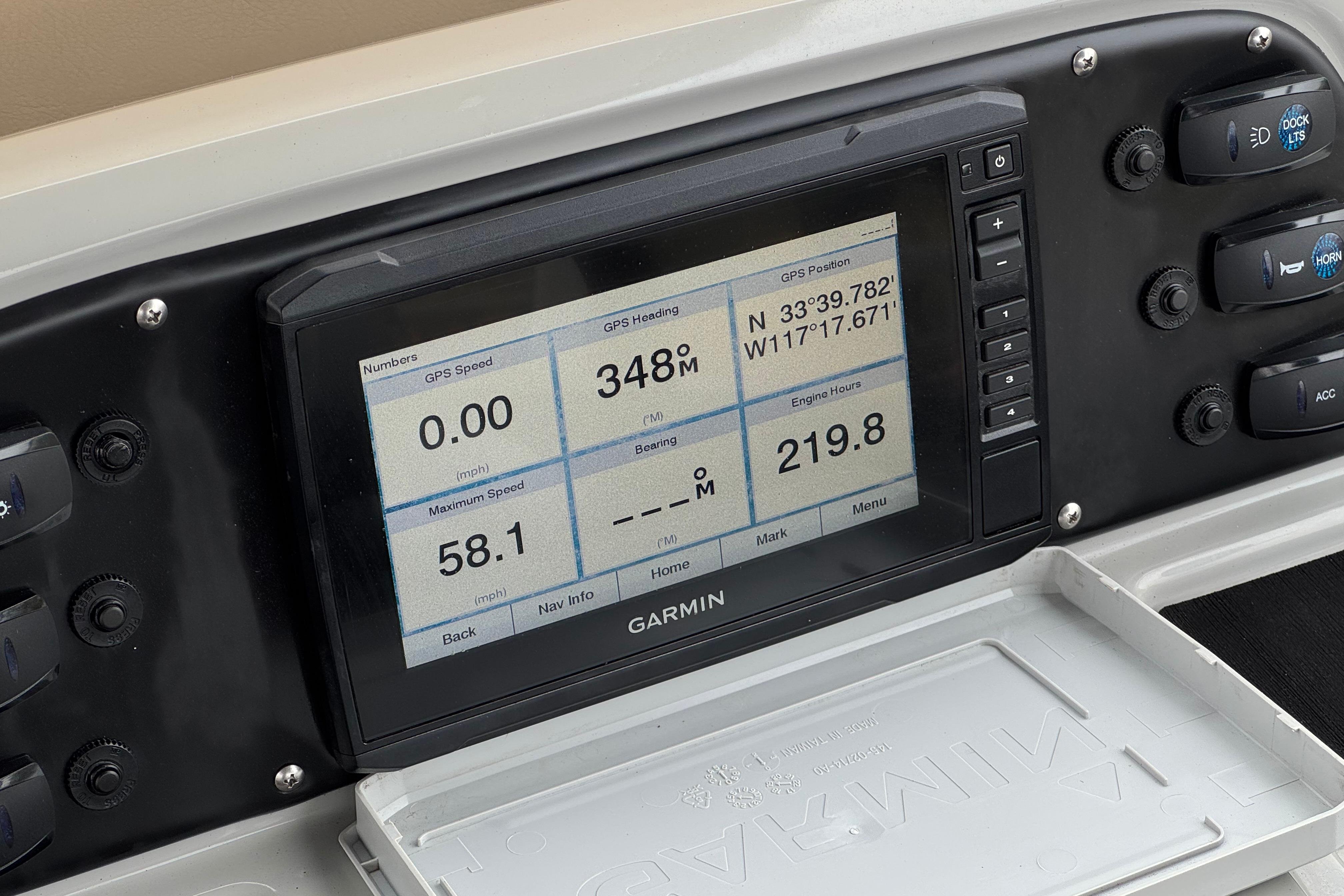 Garmin GPS display on 2020 Manitou 18 Aurora LE boat dashboard.