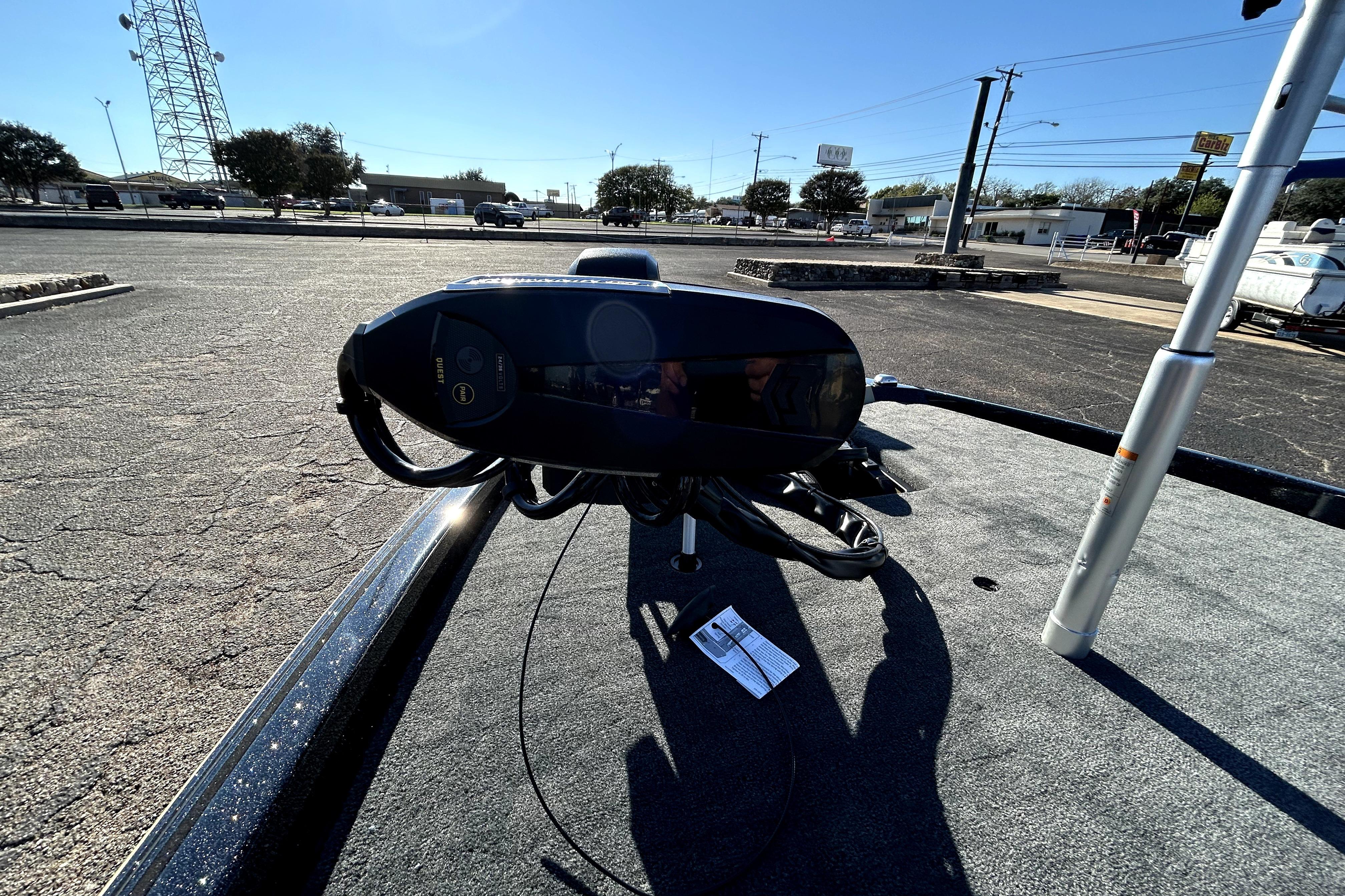 2026 Skeeter ZXE21 boat deck with advanced control panel in a parking lot.