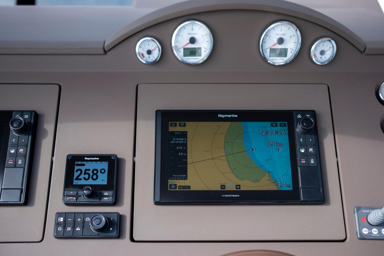 Control panel of 2019 Windy 46 Chinook with navigation and monitoring displays.