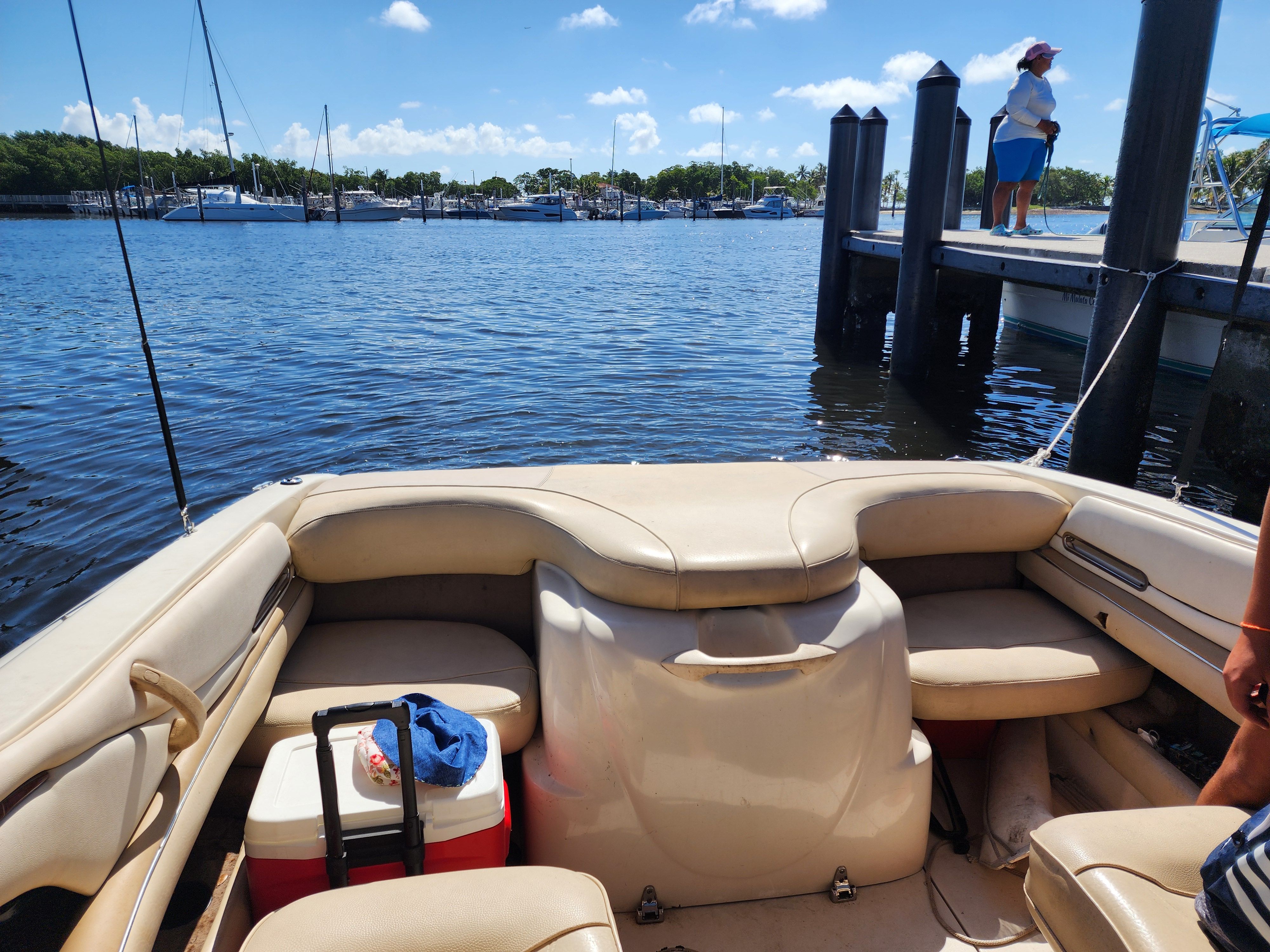 The image shows the stern of a 1999 Sea Ray 210 Bowrider Signature docked at a pier.