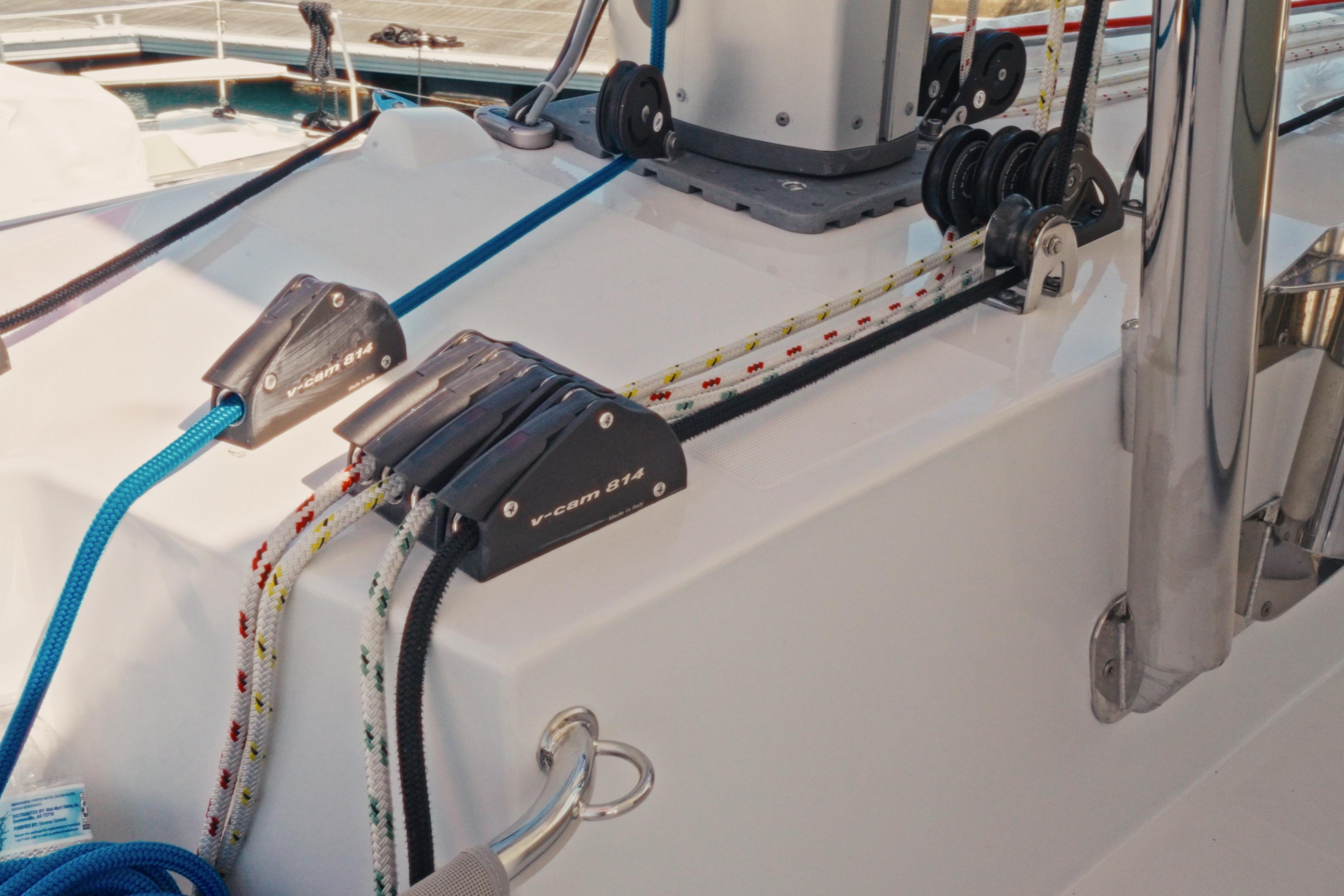 Sailing equipment on 2026 Bali 5.2 yacht, featuring ropes and cam cleats.