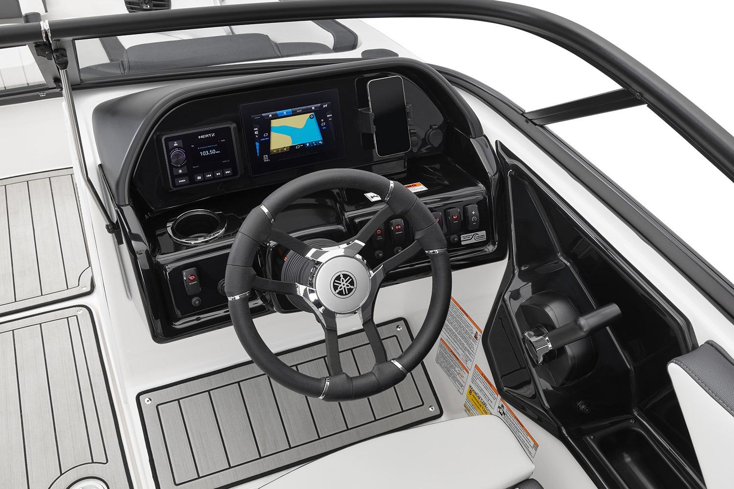 Manufacturer Provided Image: 2026 Yamaha Boats 195S dashboard with steering wheel and navigation display.