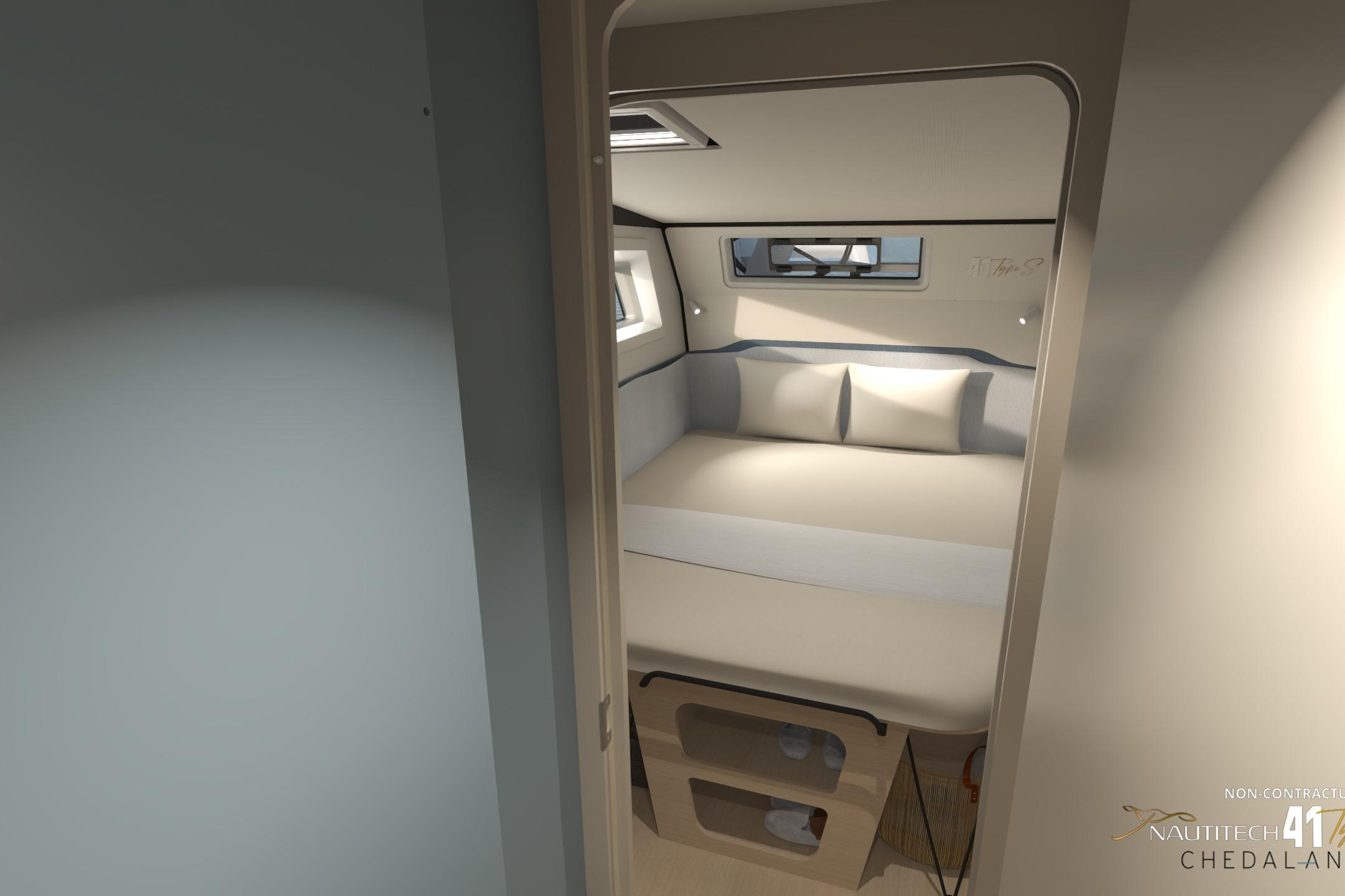 Interior of Nautitech 41 Type S 2026, cozy cabin with bed.