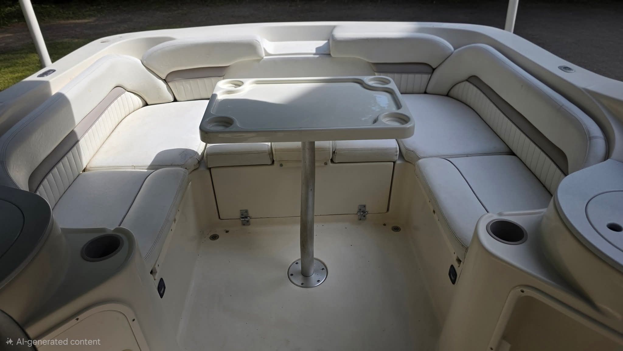 Interior view of a 2006 Stingray 250 CR with white seating and a central table.